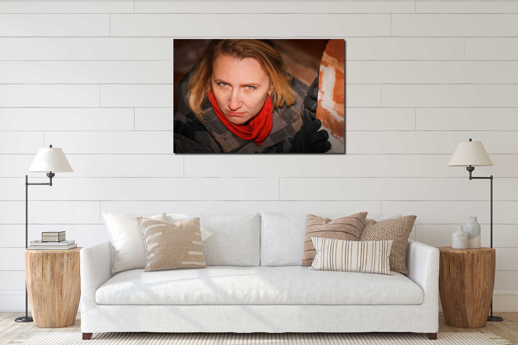 Night portrait blonde girl in a warm coat interior mockup