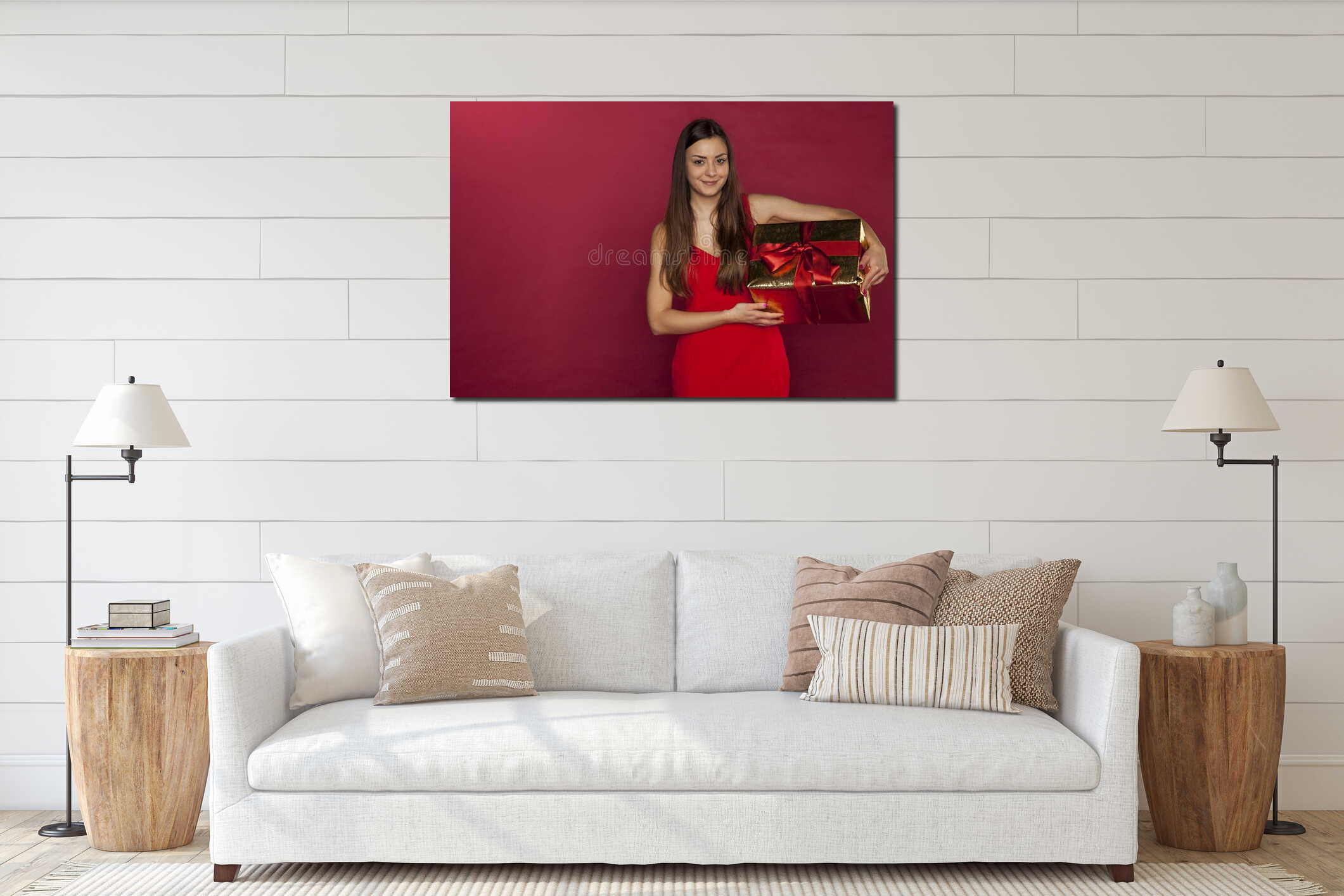 Beautiful girl is holding a nicely wrapped gift interior mockup