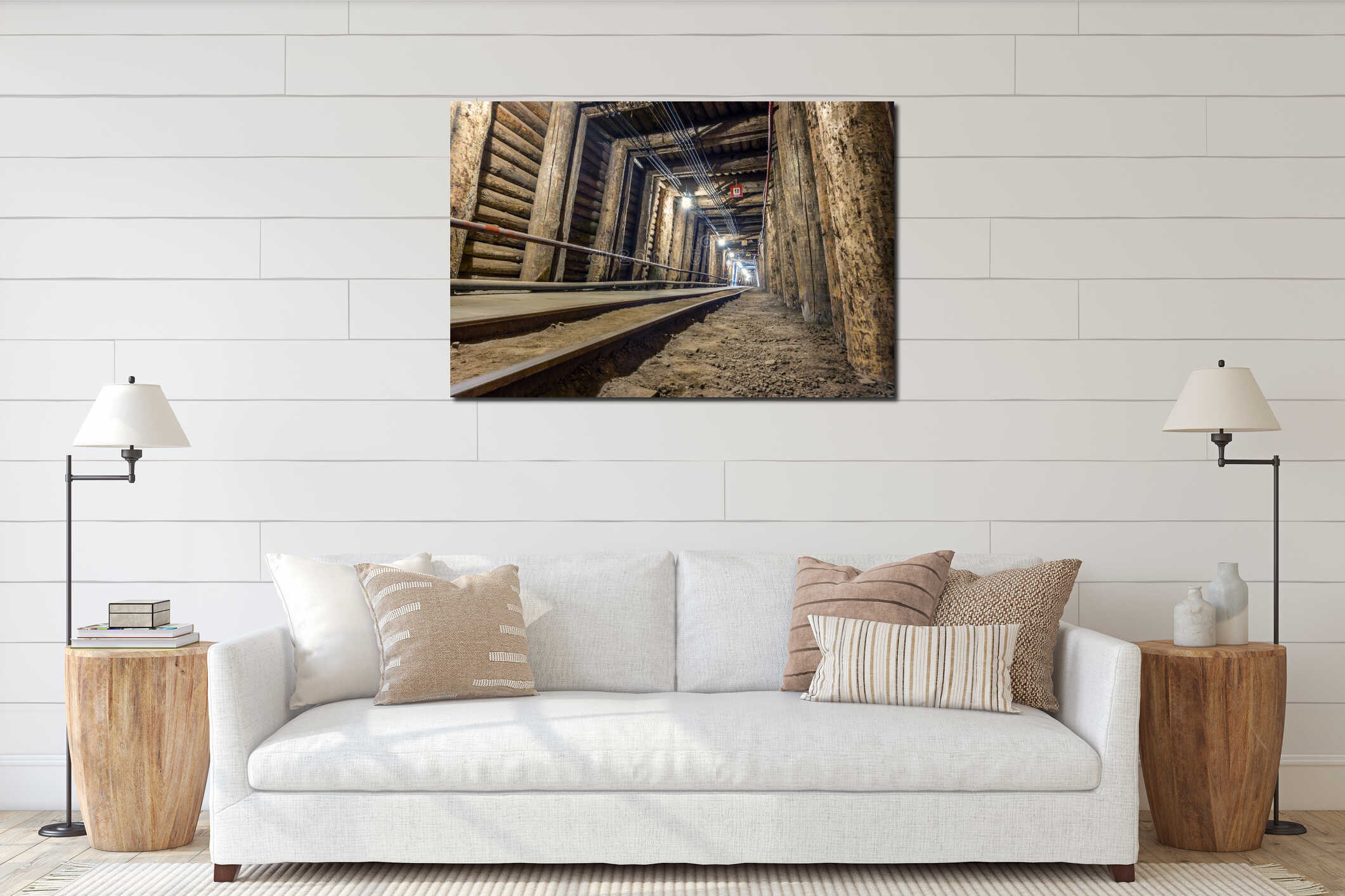 Illuminated underground tunnel with railway interior mockup