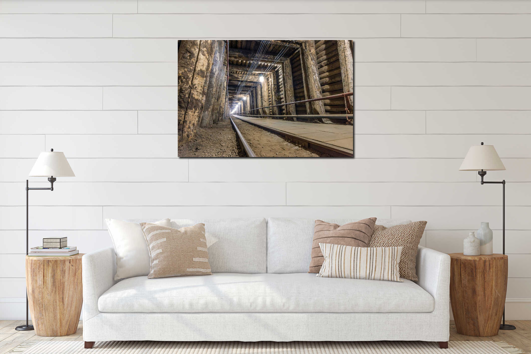 Illuminated underground tunnel in a mine interior mockup