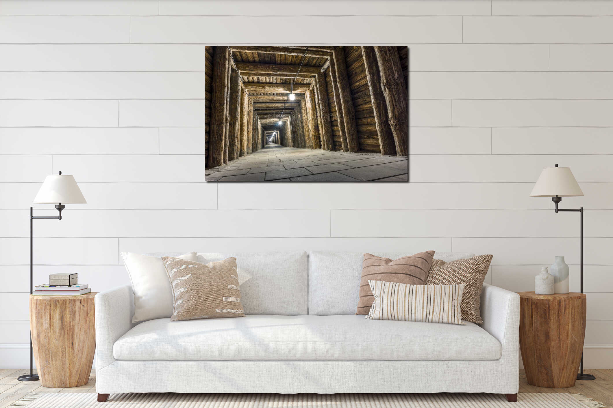 Illuminated underground tunnel in a mine interior mockup
