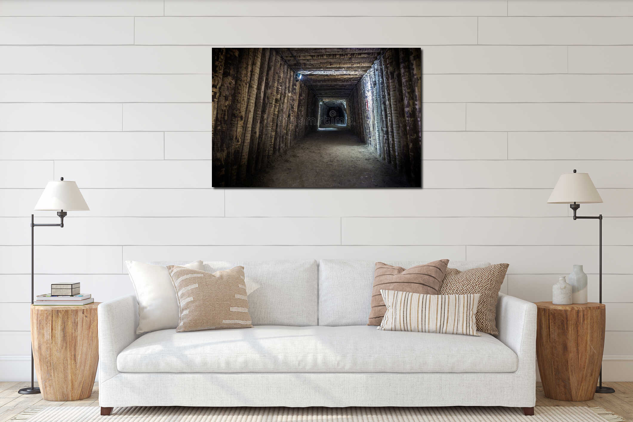 Illuminated underground tunnel in old mine interior mockup
