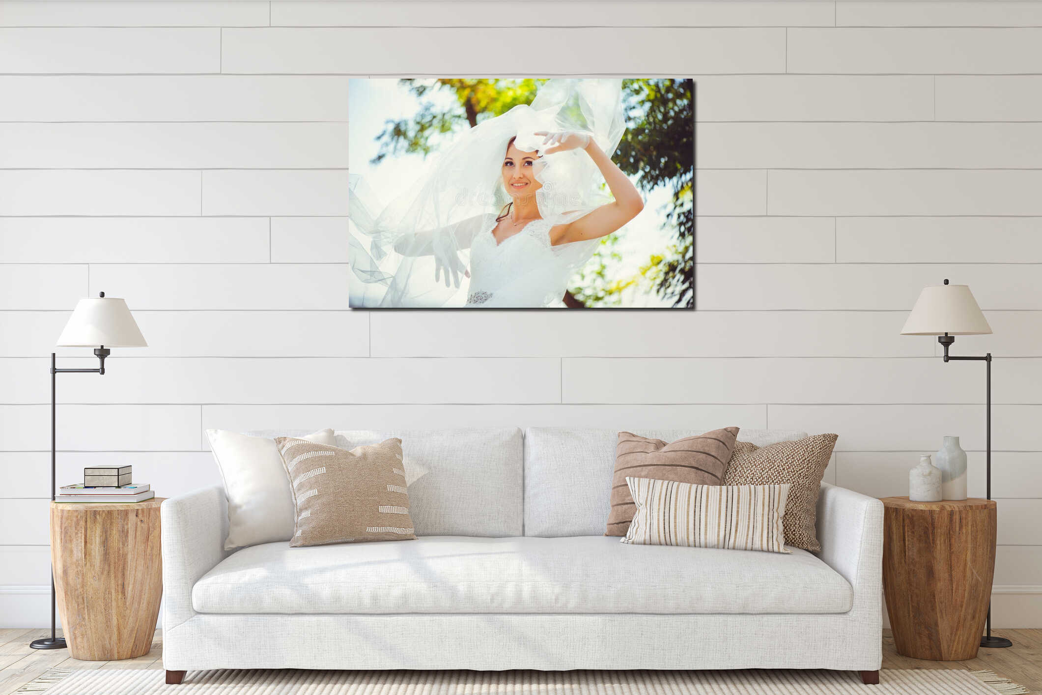 Tender happy bride in a veil, a happy woman in a wedding dress, a white veil covers her face, gentle and warm interior mockup