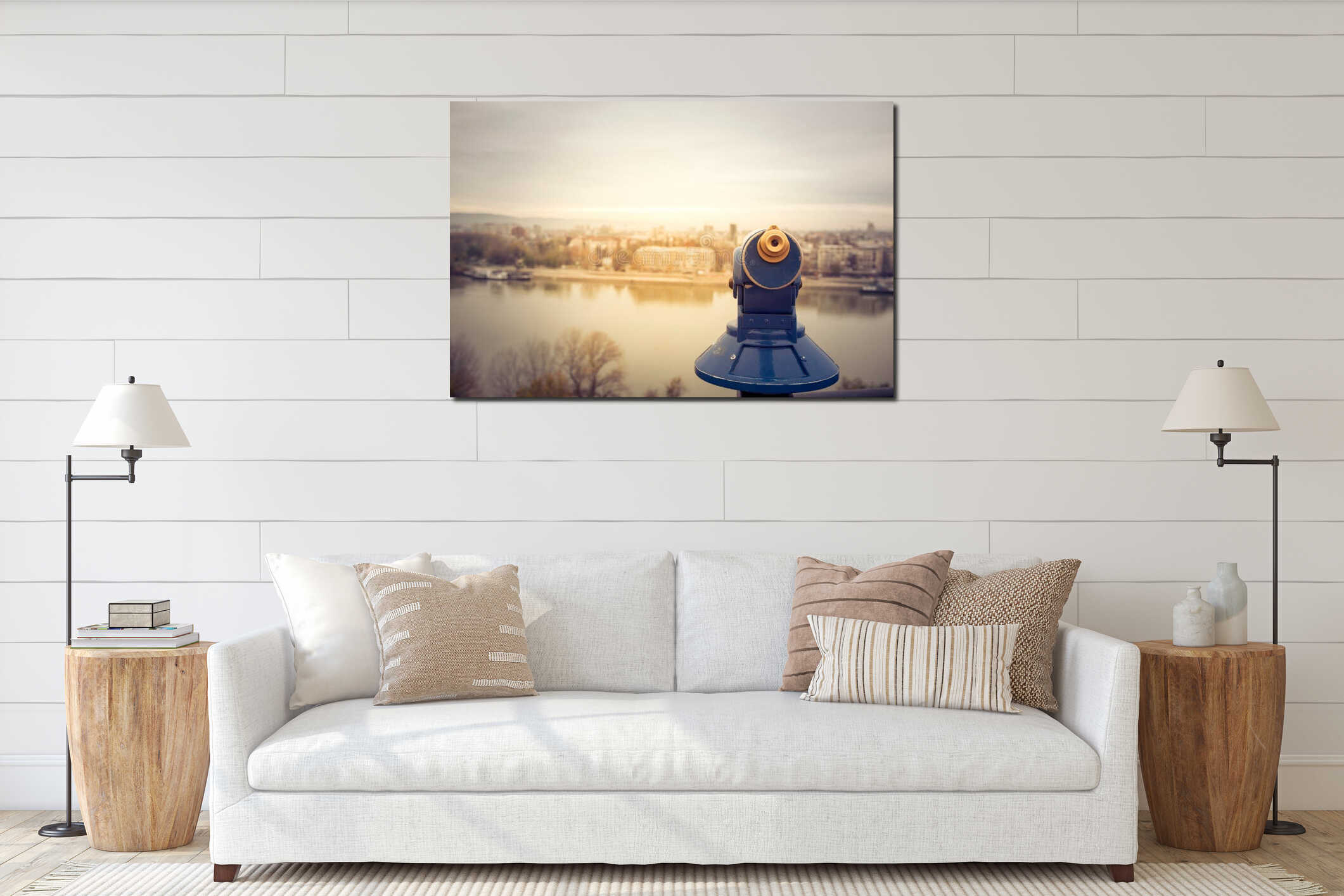 Touristic telescope look at the city interior mockup