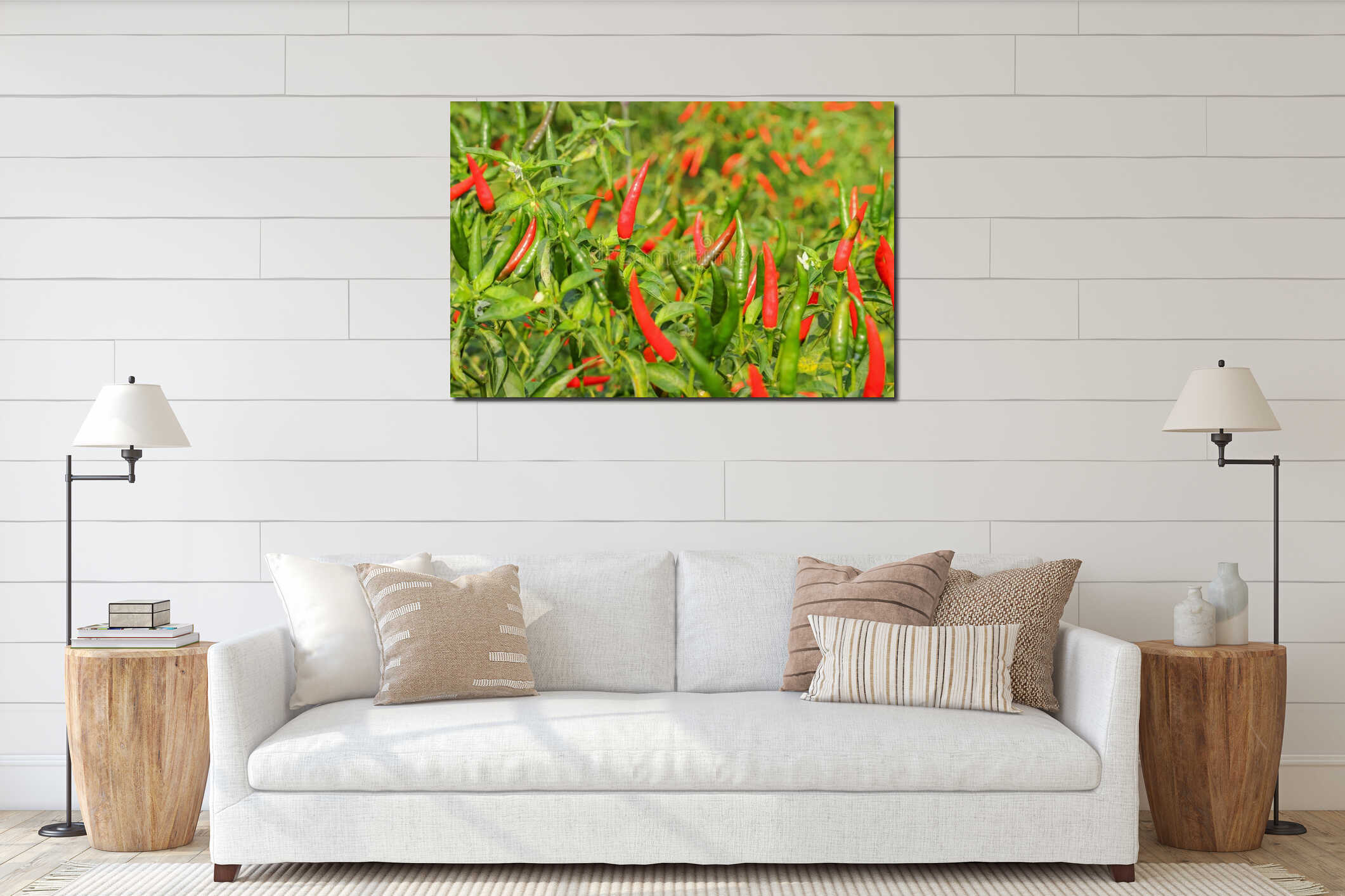 Many fresh red hot chili peppers growing on tree interior mockup