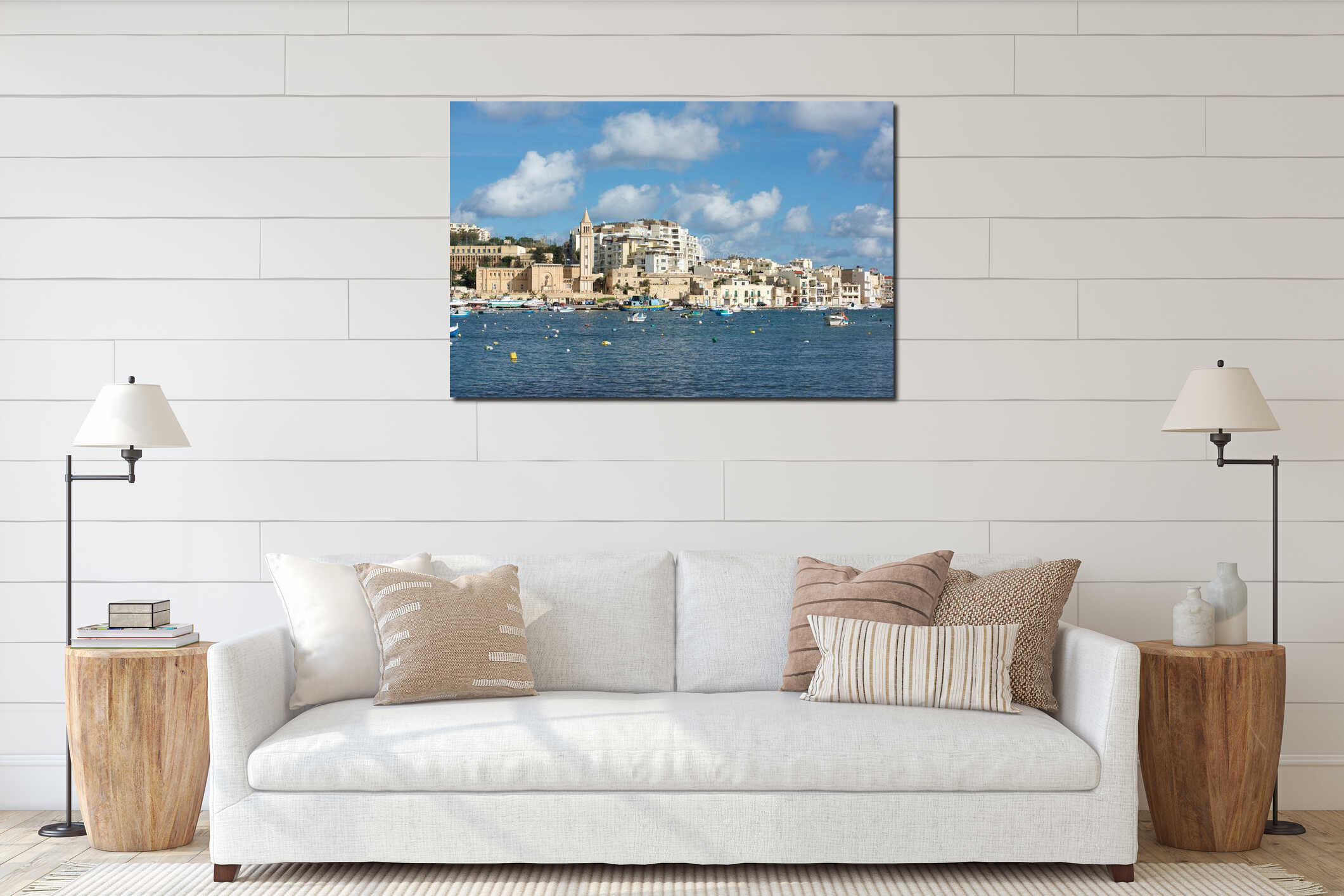 City Marsascala, Malta, sep 2, 2018: panoramic view of Marsascala Marsaskala,with a path lining the water of Mediterranean sea. interior mockup