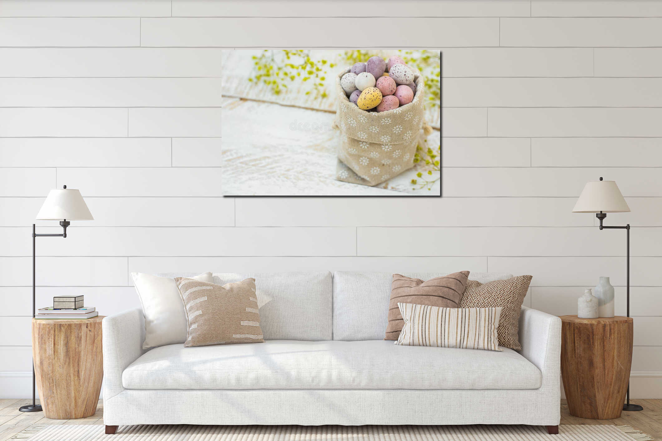 Chocolate candy Multi-Colored Small Quail Easter Eggs Pastel Colors in Linen Sack White Wood Table Yellow Spring Flowers interior mockup