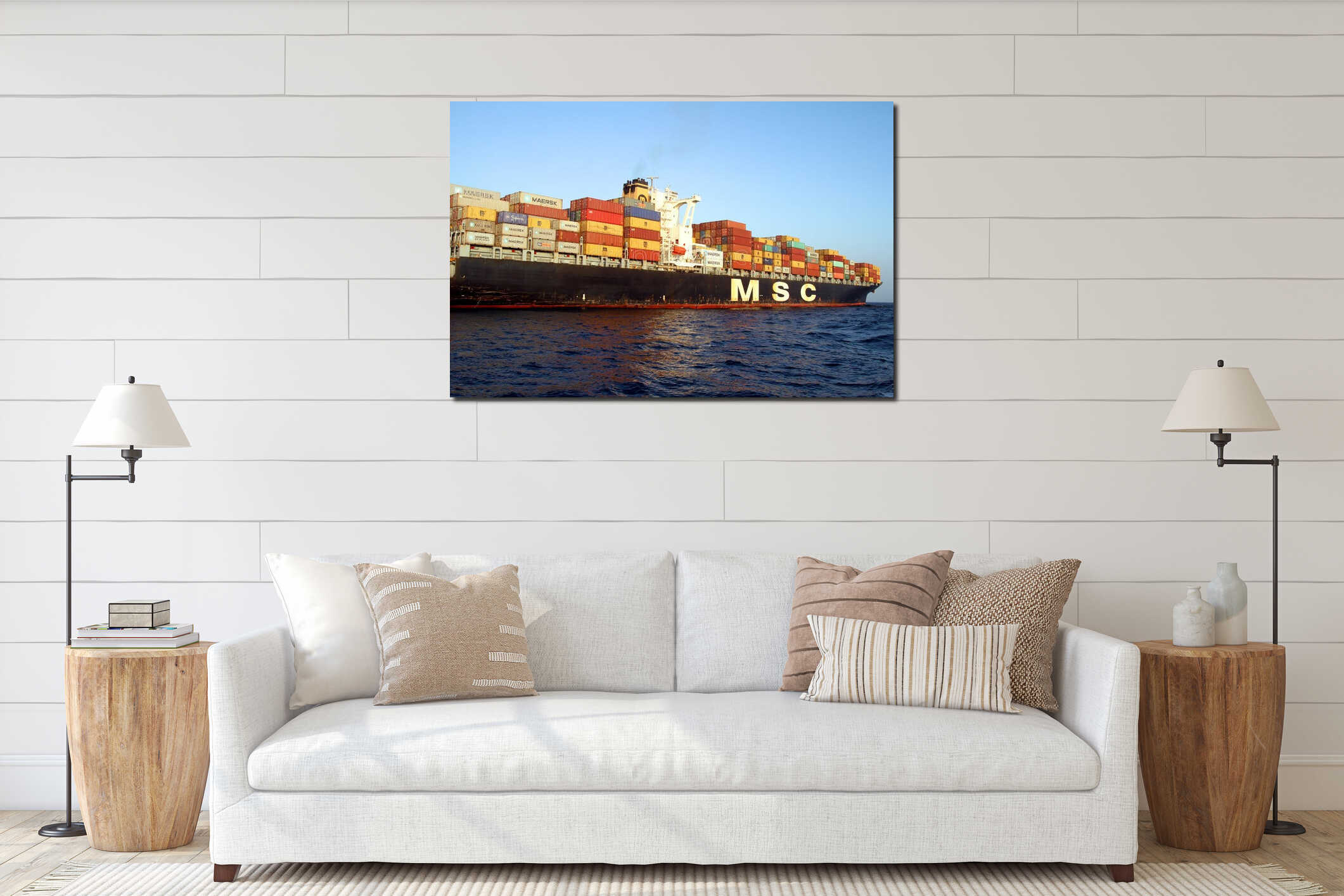 Big container ship full charged and anchored in Algeciras. interior mockup