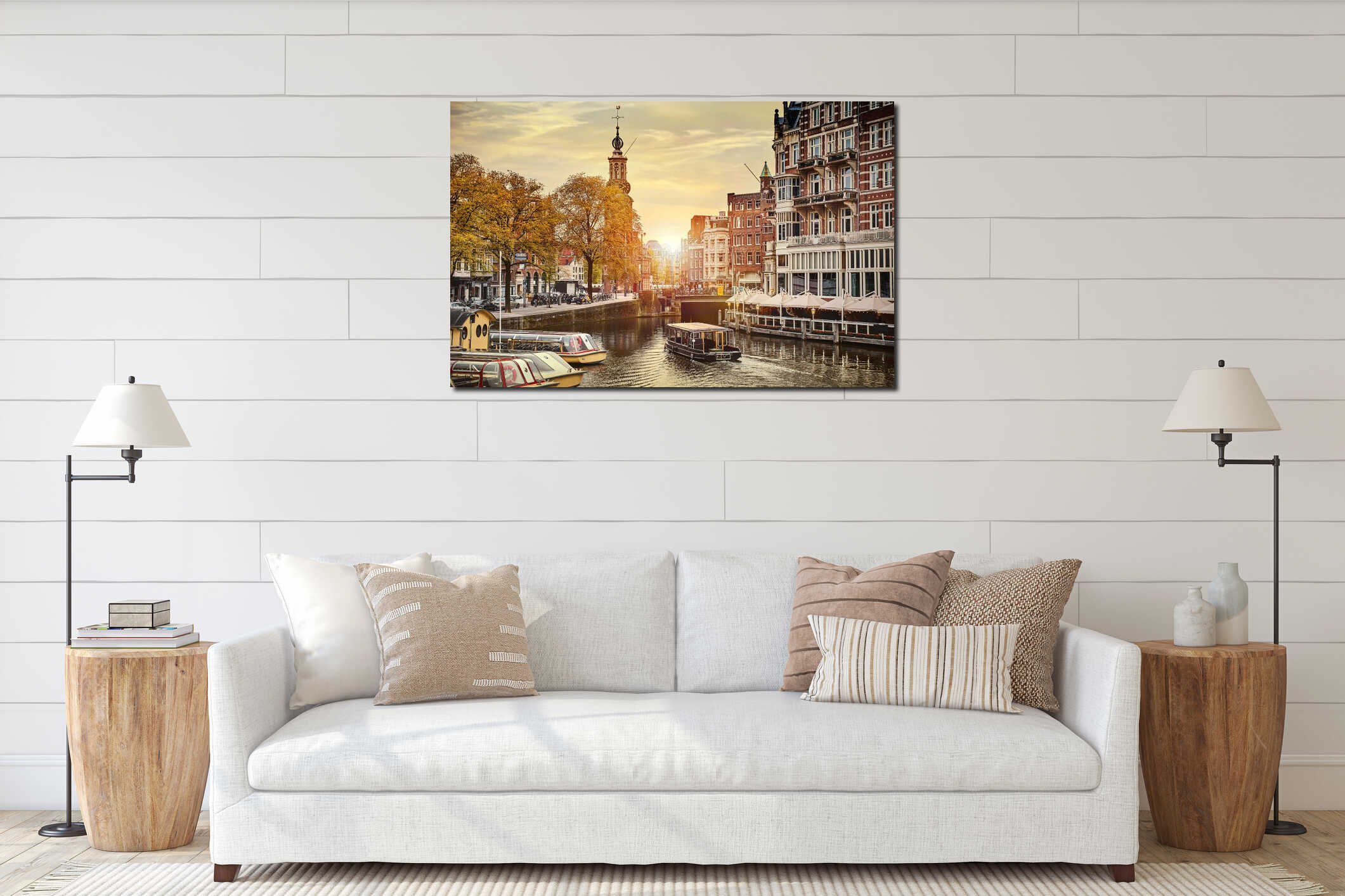 Channel in Amsterdam Netherlands houses river Amstel landmark old european city spring landscape. interior mockup