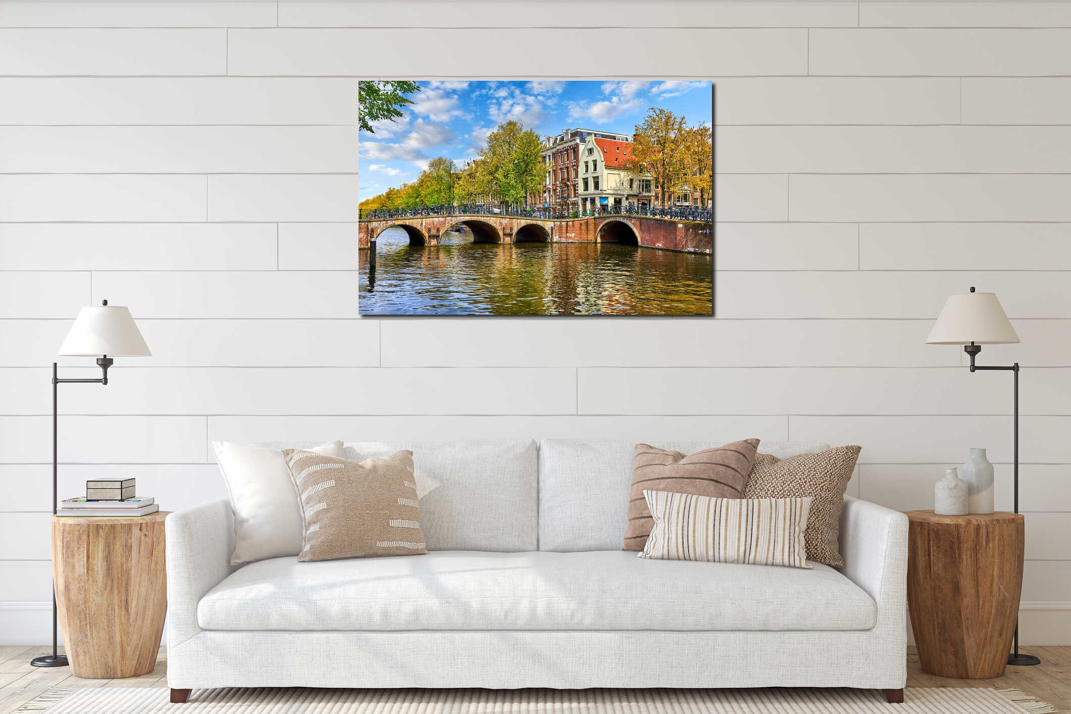 Bridge over channel in Amsterdam Netherlands houses river Amstel landmark old european city spring landscape. interior mockup