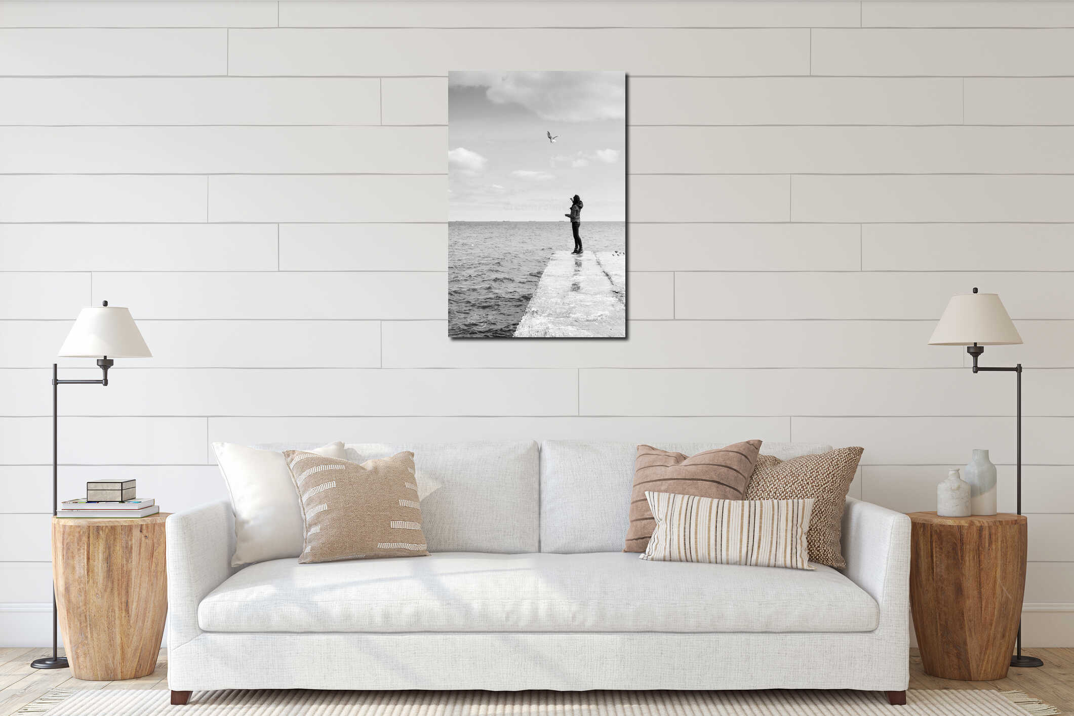 The girl feeds the gull with bread interior mockup