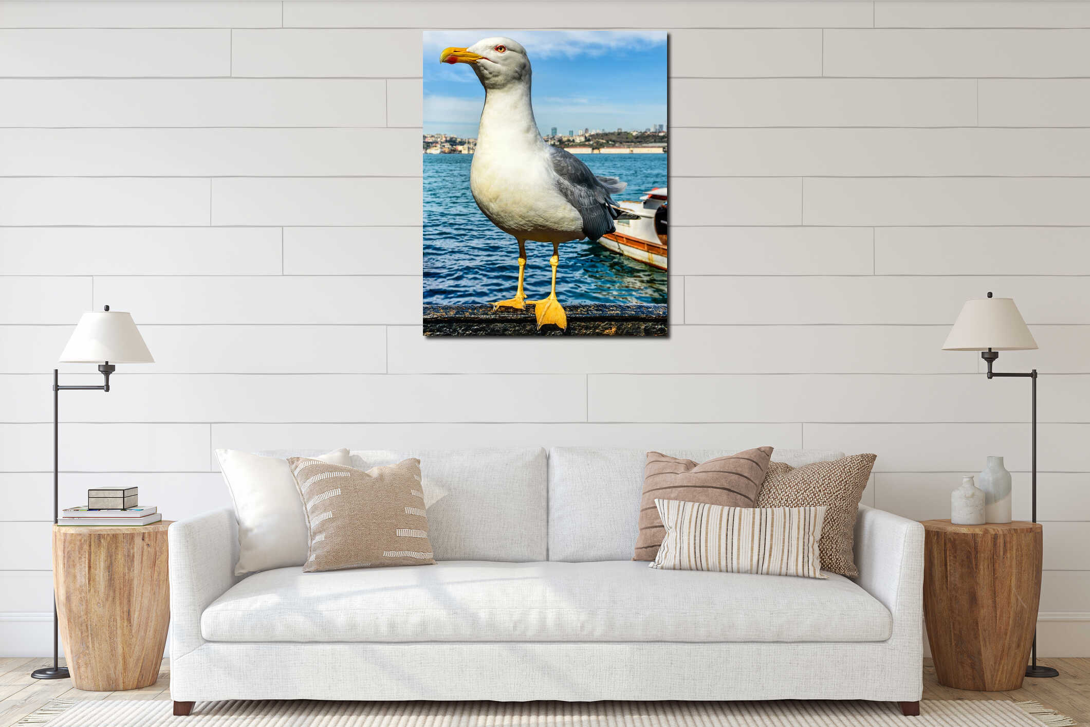 Friendly seagull posing for a good close-up interior mockup