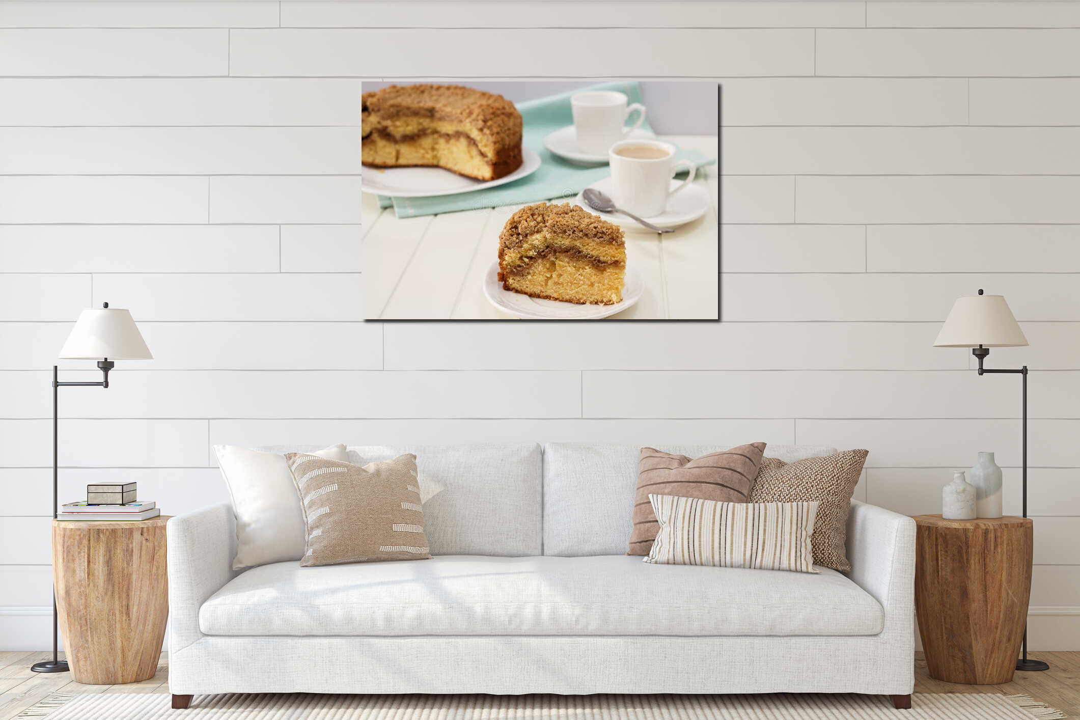 Close up piece of homemade Cinnamon crumble coffee cake and cup of milk tea. interior mockup