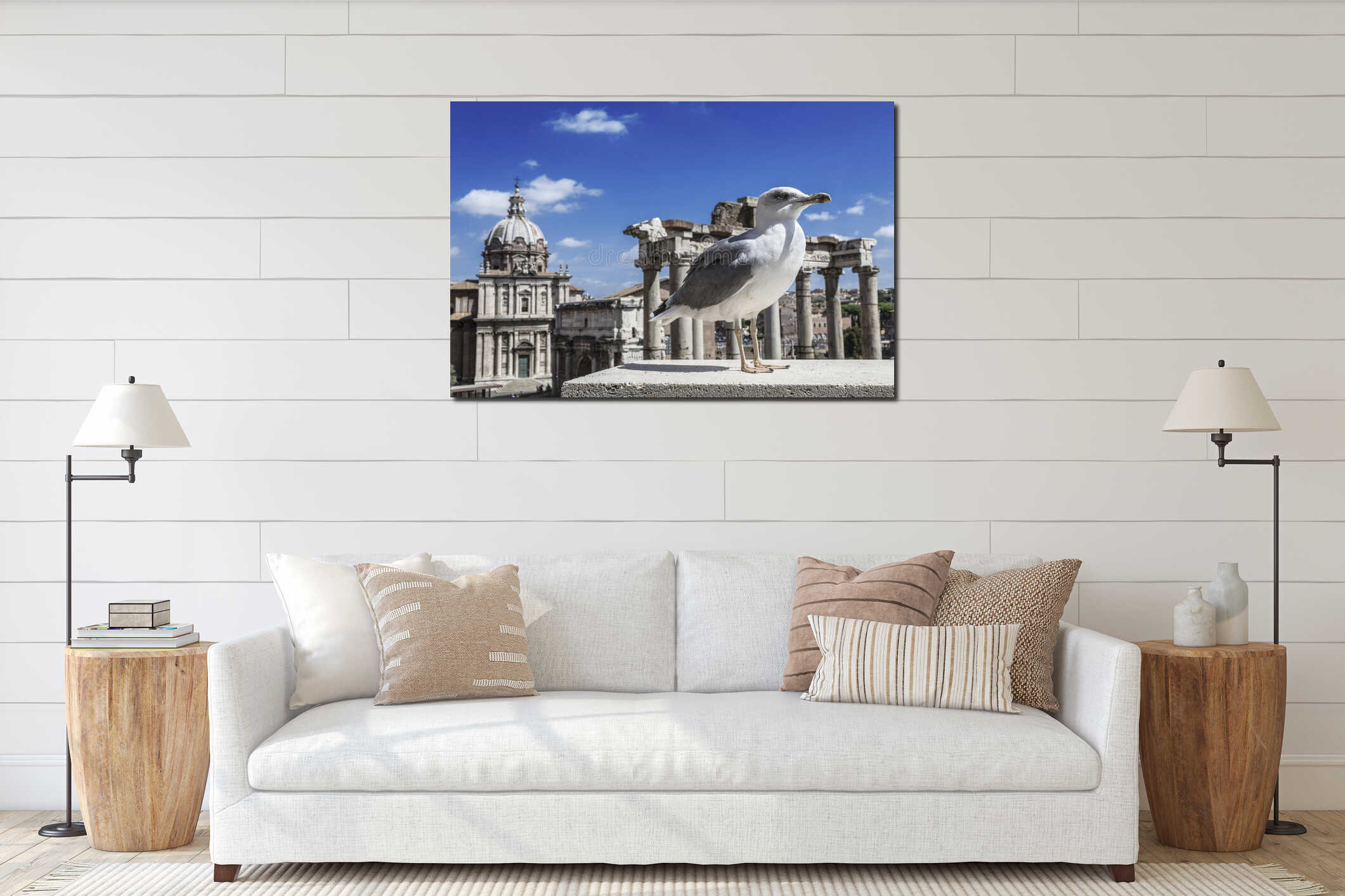 Seagull on the background of the ruins of the Roman Forum in Rome interior mockup