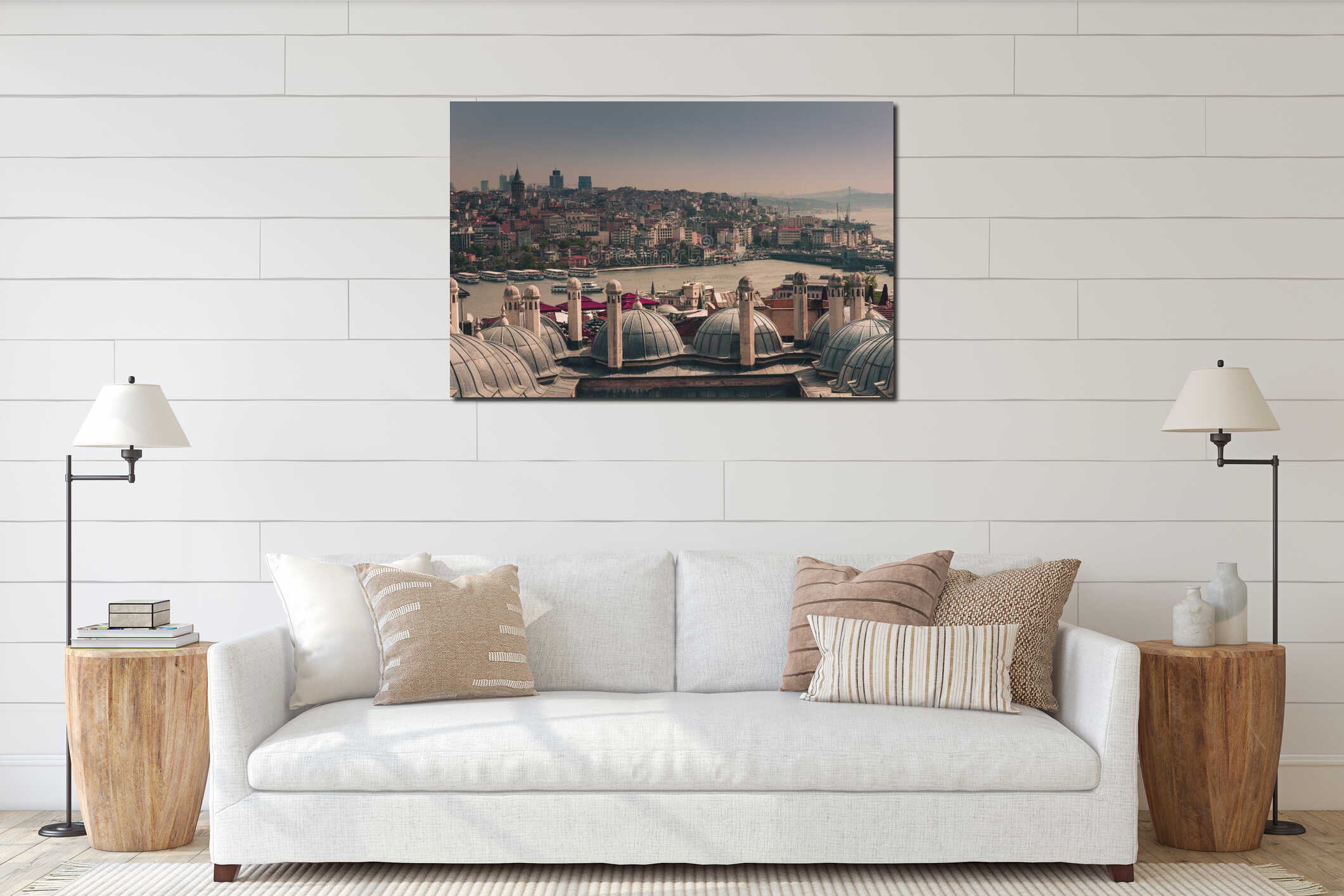 View of city Istanbul, Bosphorus bridge from Galata tower. Outer view of dome in Ottoman architecture. interior mockup