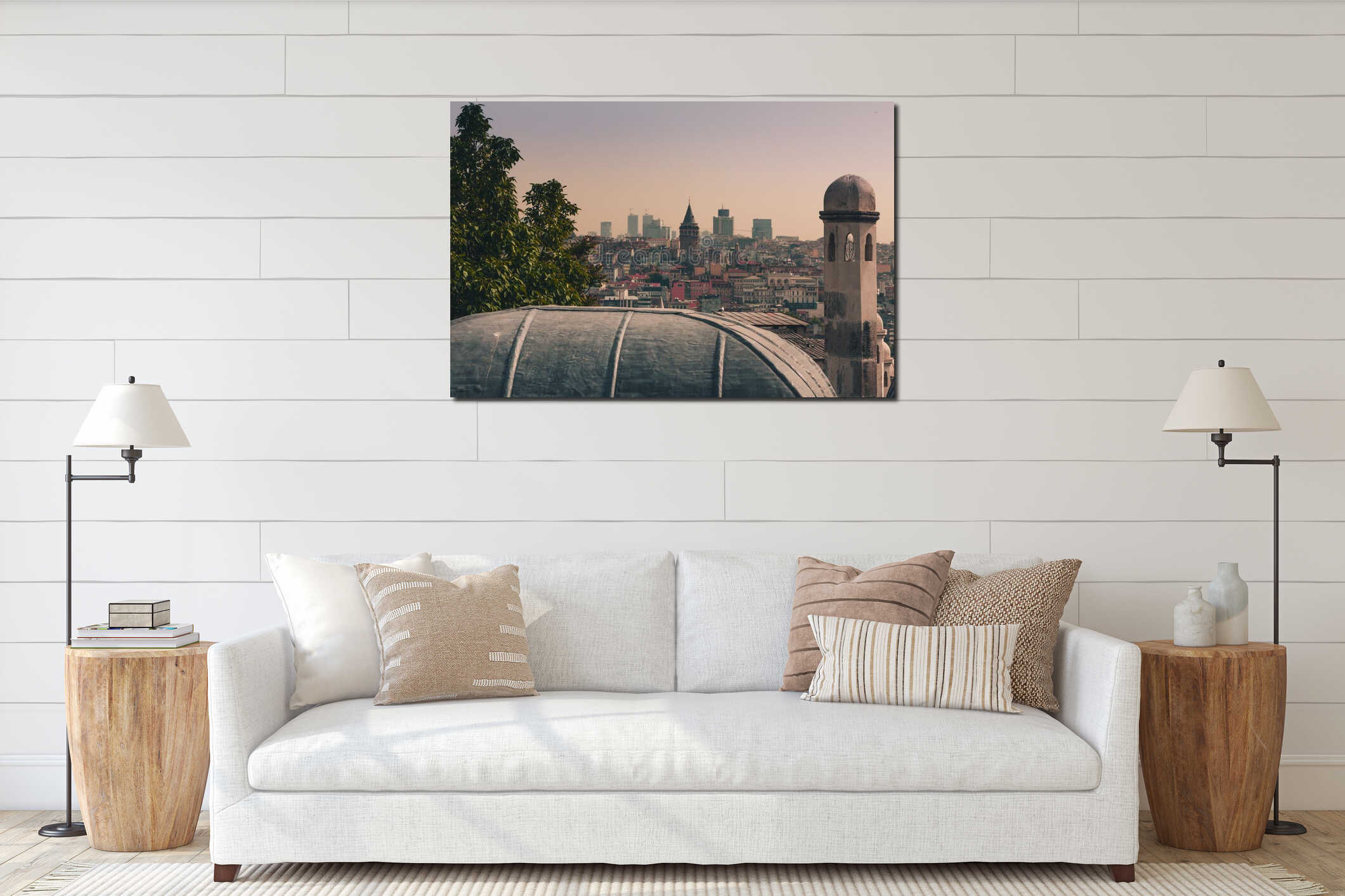 View of city Istanbul, Bosphorus bridge from Galata tower. Outer view of dome in Ottoman architecture. interior mockup