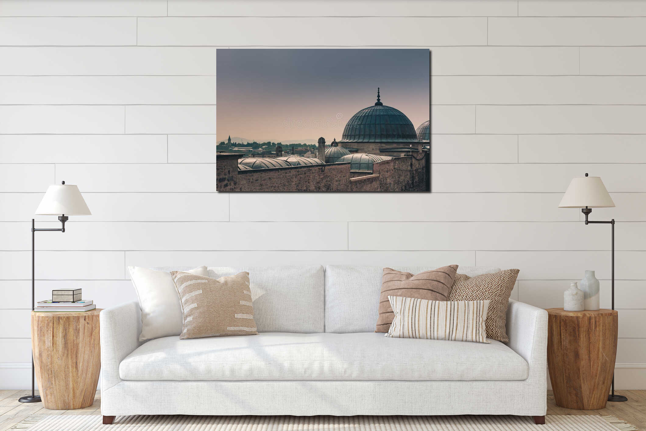 View of city Istanbul, Bosphorus bridge from Galata tower. Outer view of dome in Ottoman architecture. interior mockup