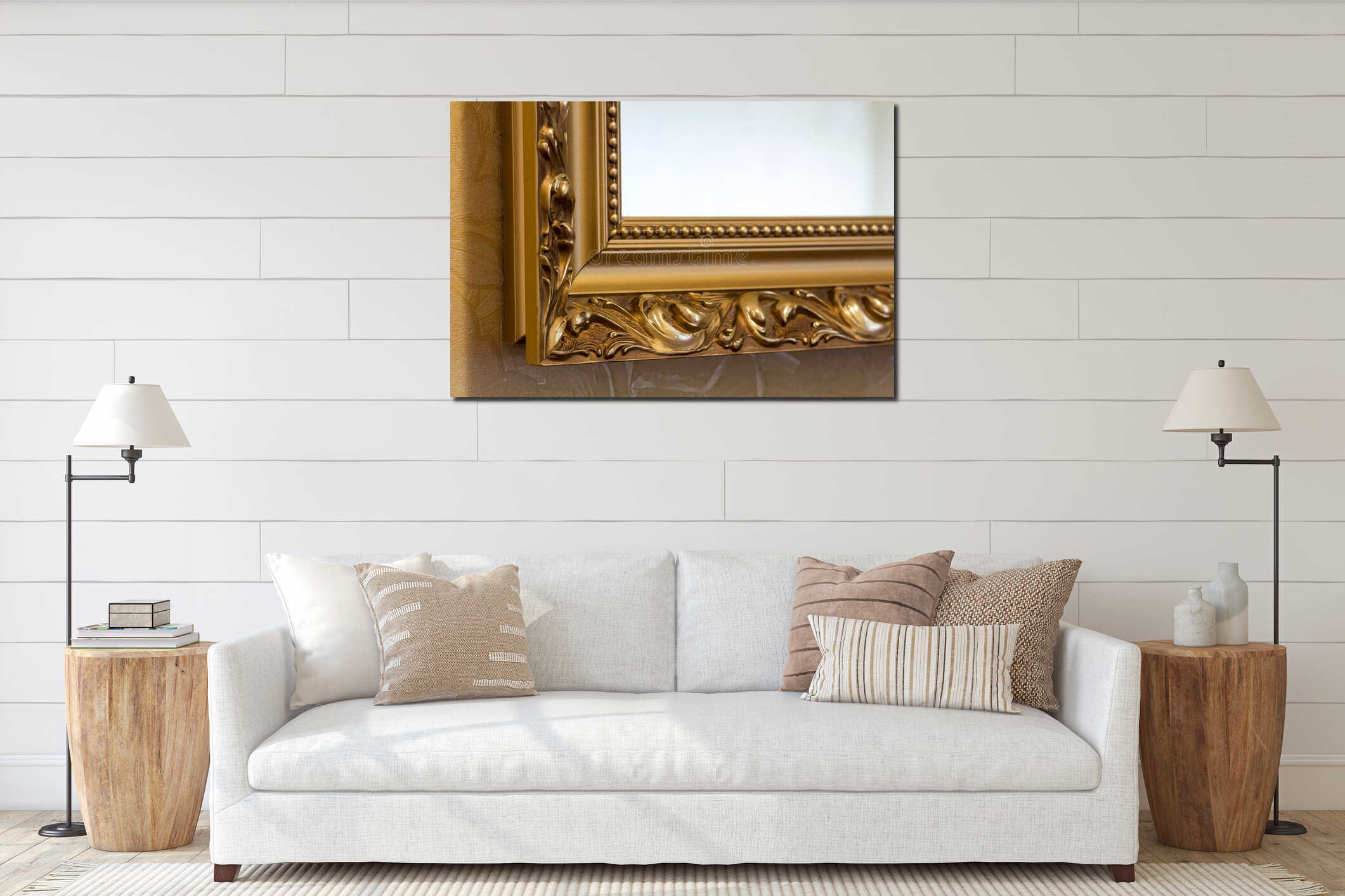 Part of the ornate, golden color carved mirror frame in ancient interior mockup