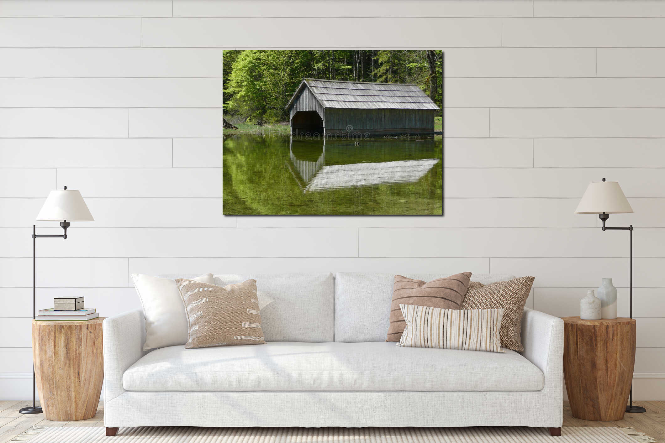 Traditional Wooden Boat House interior mockup