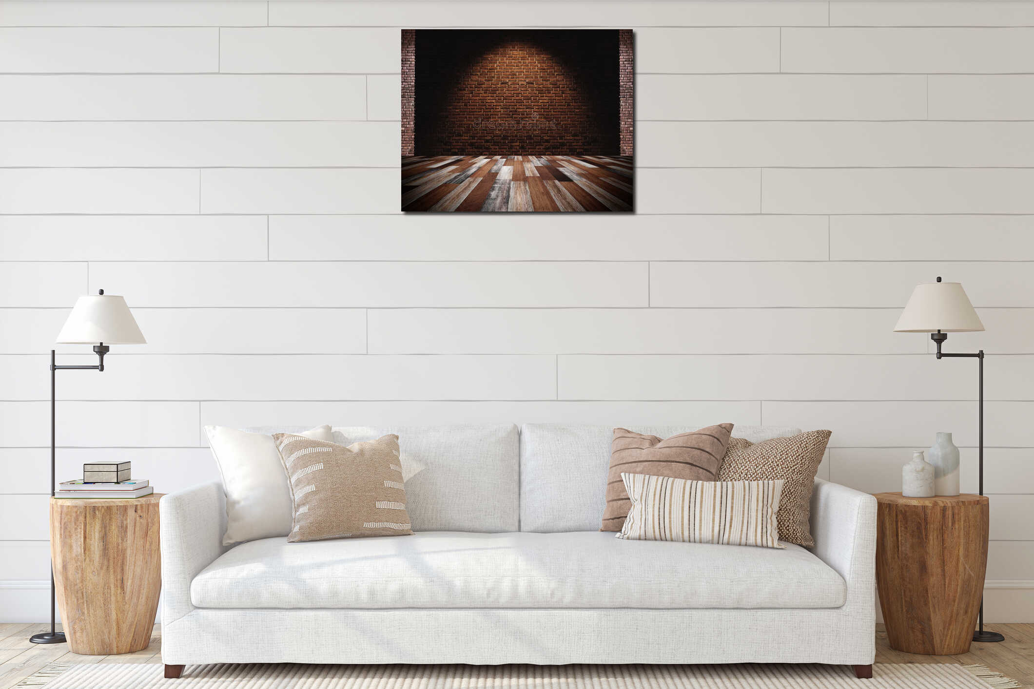 Brick wall and wood floor, light spot on center for background interior mockup