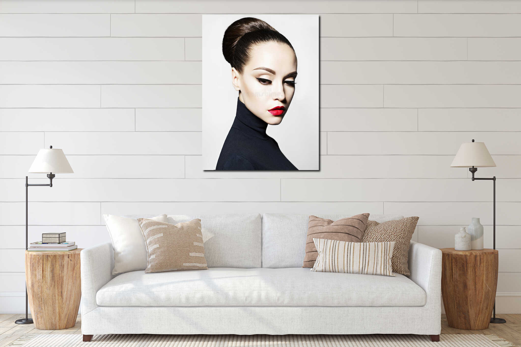 Beautiful elegant woman in black turtleneck interior mockup