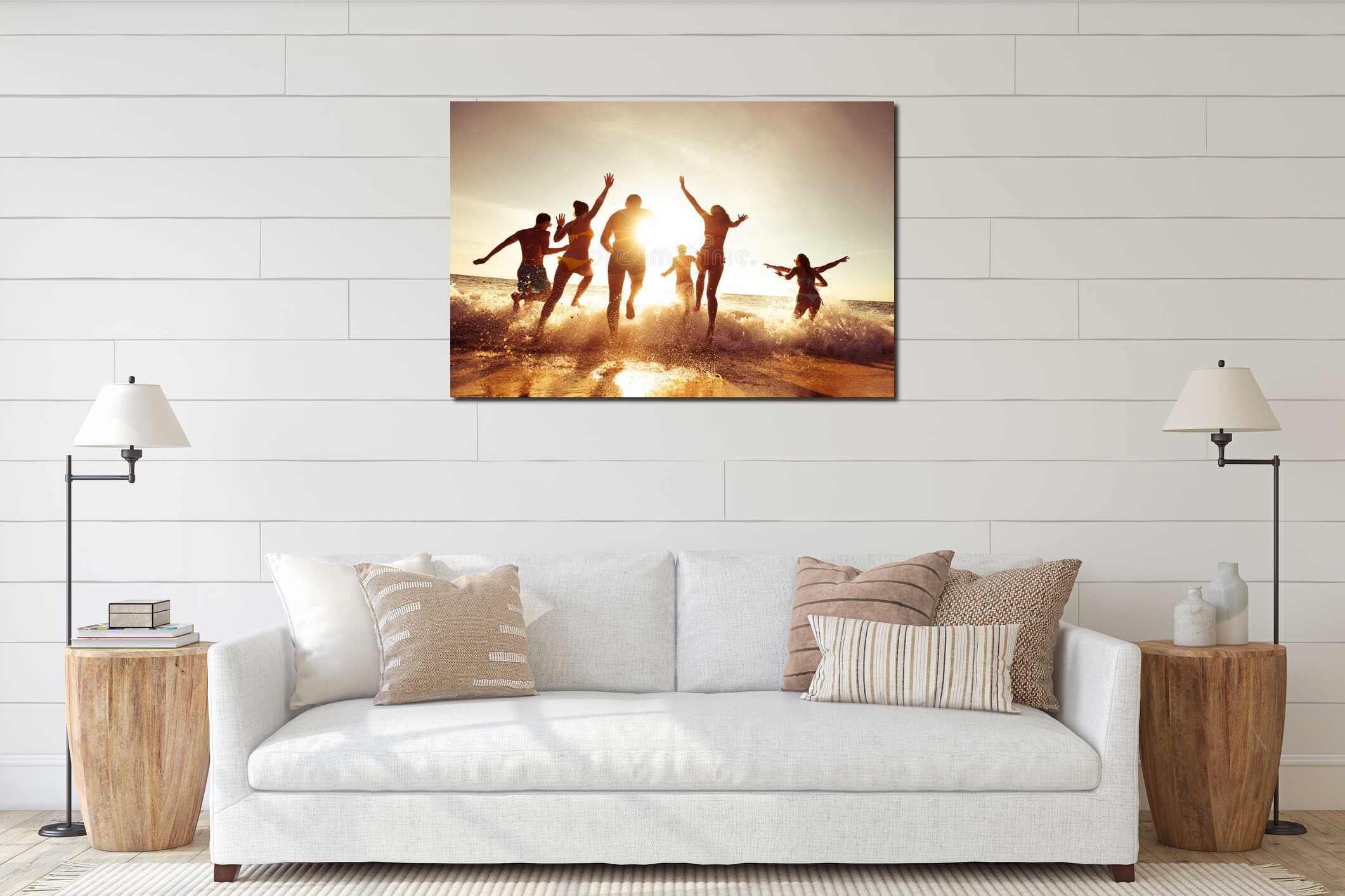 Big company of friends having fun at sunset beach interior mockup