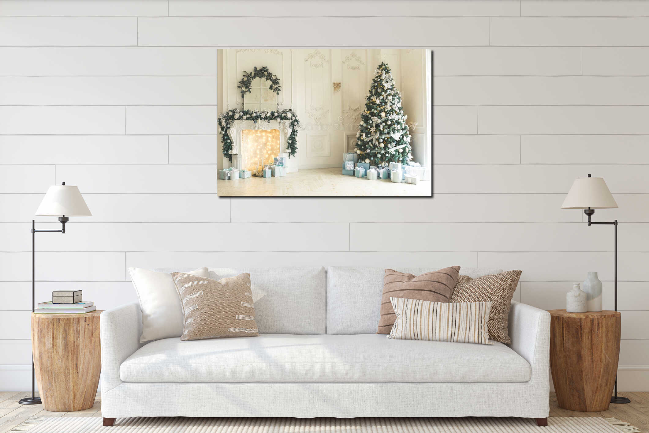 Christmas living room with a Christmas tree, fireplace, gifts and a large window. Beautiful New Year decorated classic home interi interior mockup
