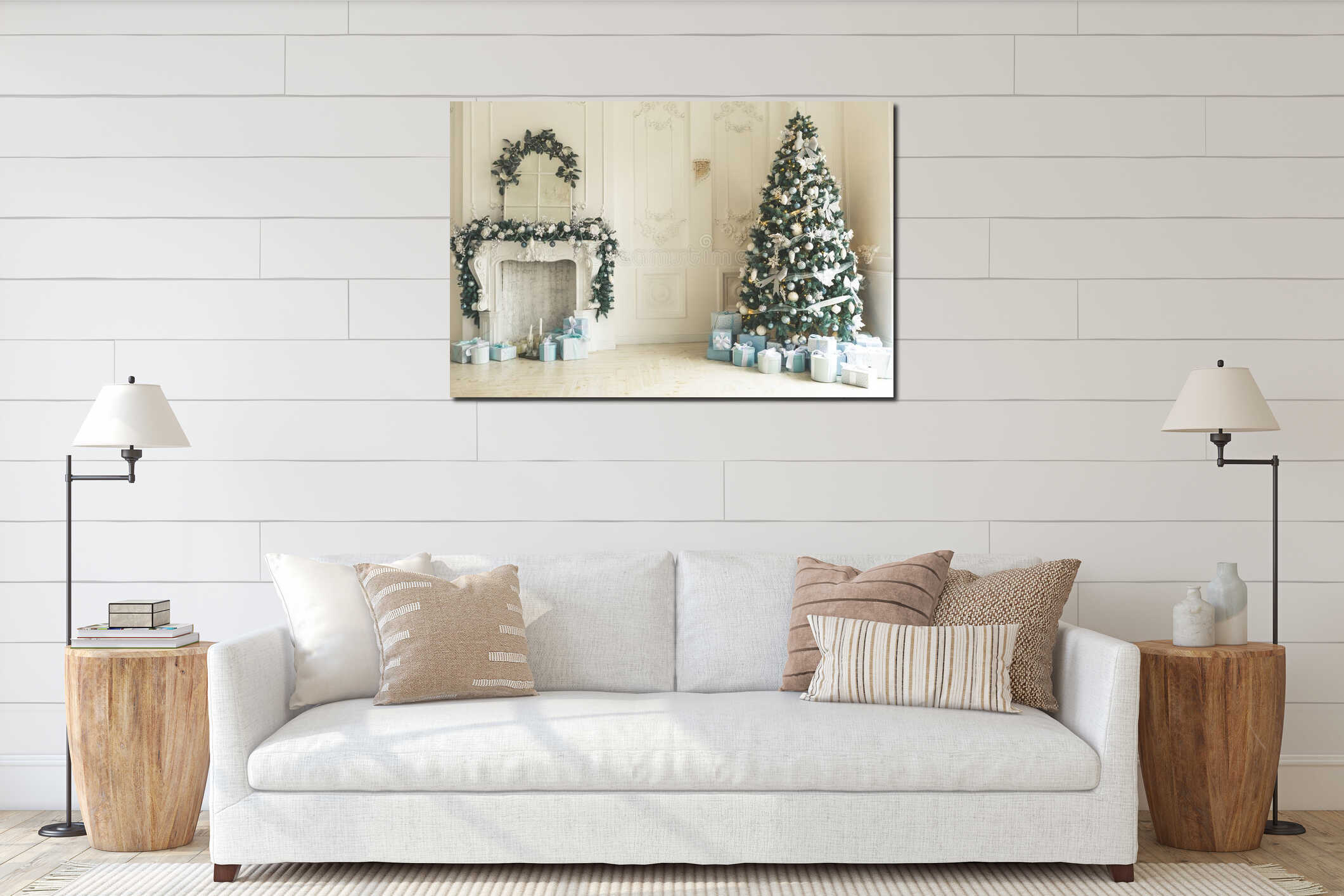 Christmas living room with a Christmas tree, fireplace, gifts and a large window. Beautiful New Year decorated classic home interi interior mockup