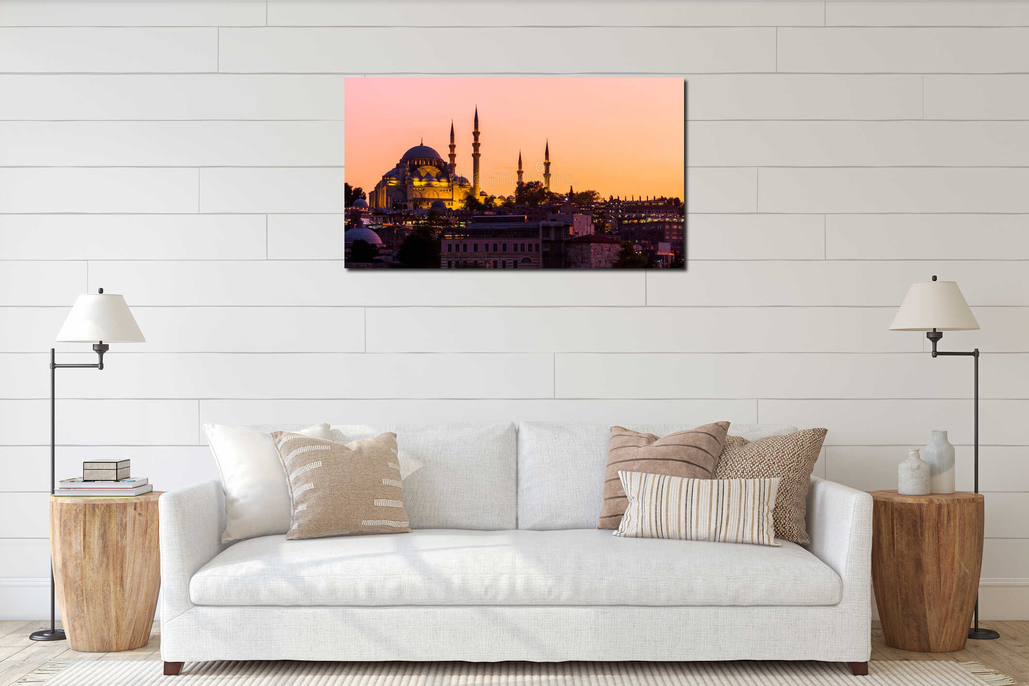 Istanbul cityscape with Suleymaniye mosque with tourist ships floating at Bosphorus at night interior mockup