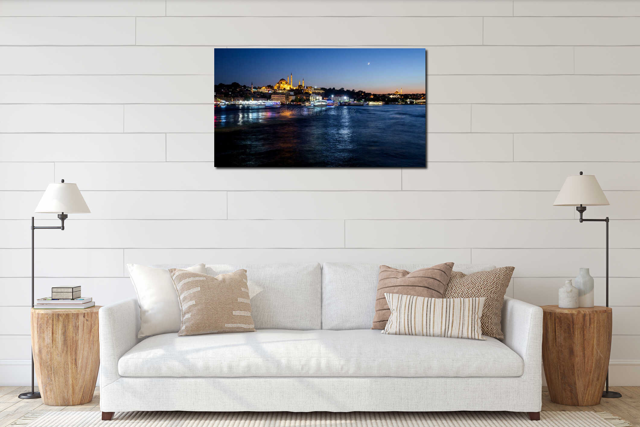 Istanbul cityscape with Suleymaniye mosque with tourist ships floating at Bosphorus at night interior mockup