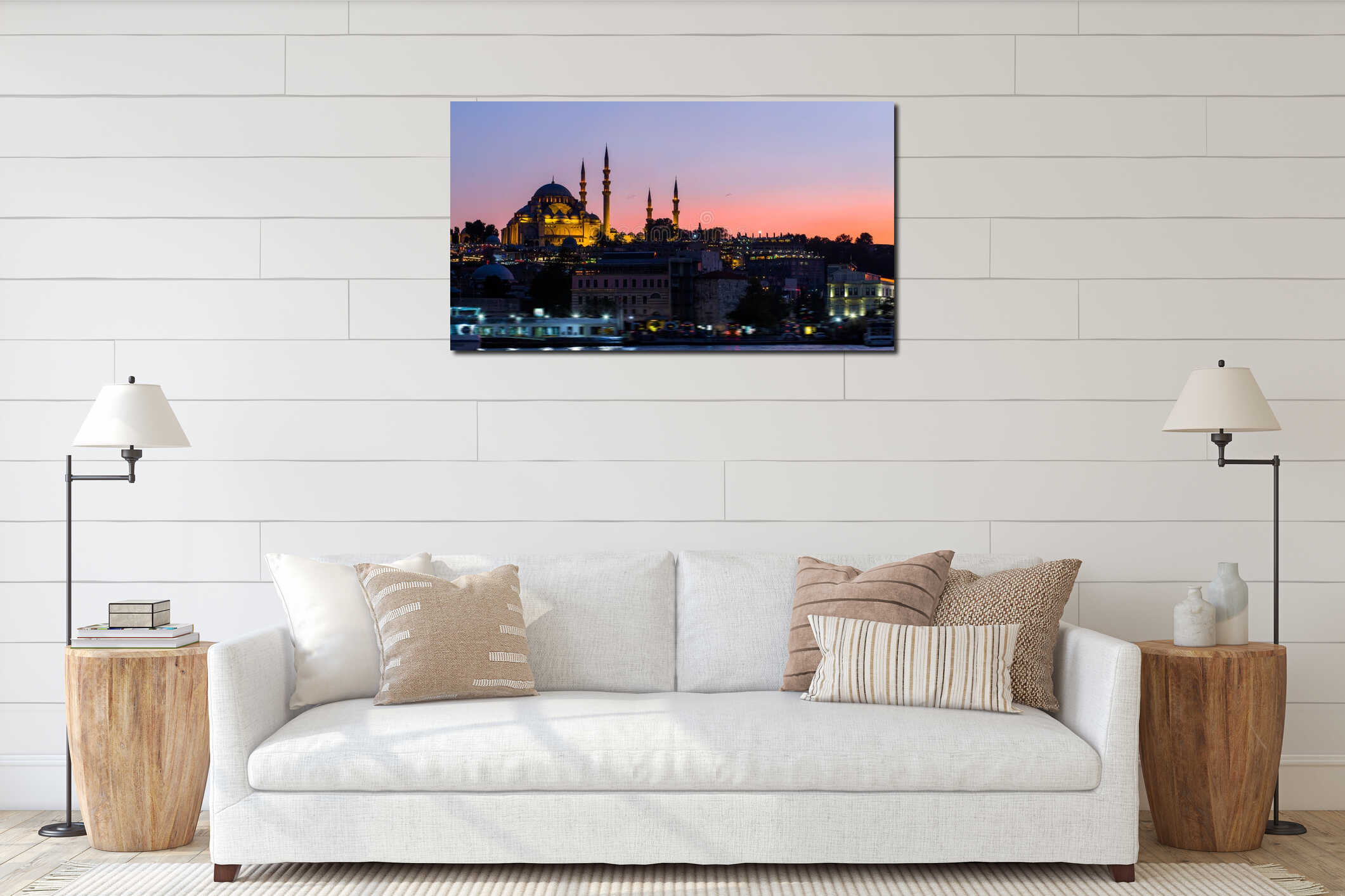 Istanbul cityscape with Suleymaniye mosque with tourist ships floating at Bosphorus at night interior mockup