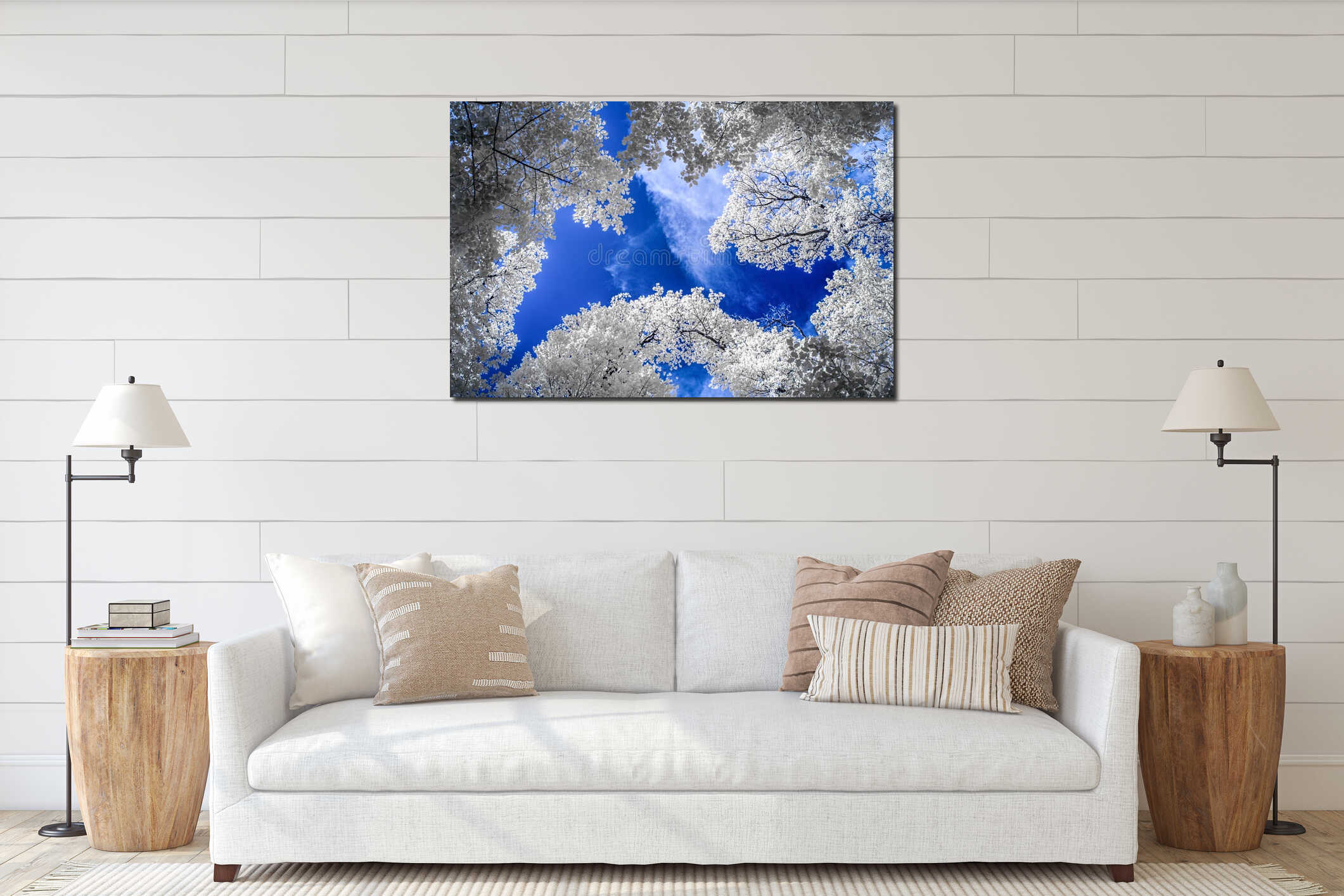Infrared view of tall trees under blue skies with white clouds interior mockup