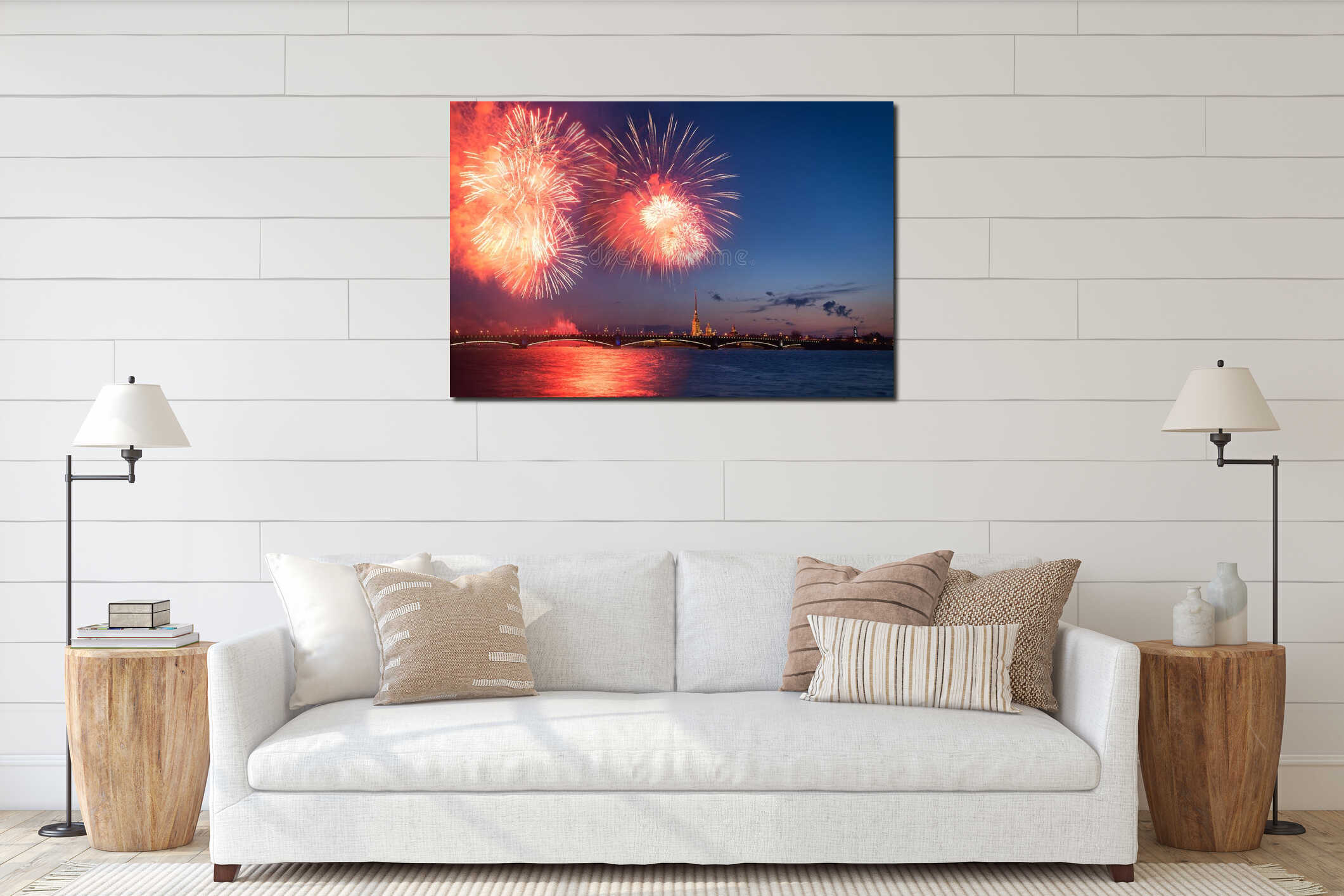 Salute, fireworks in Saint Petersburg, Peter and Paul fortress. Victory day, 9 may interior mockup