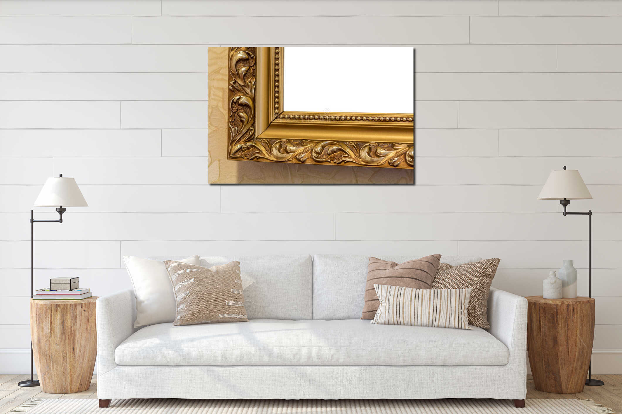 Part of the ornate, golden color carved mirror frame in ancient interior mockup