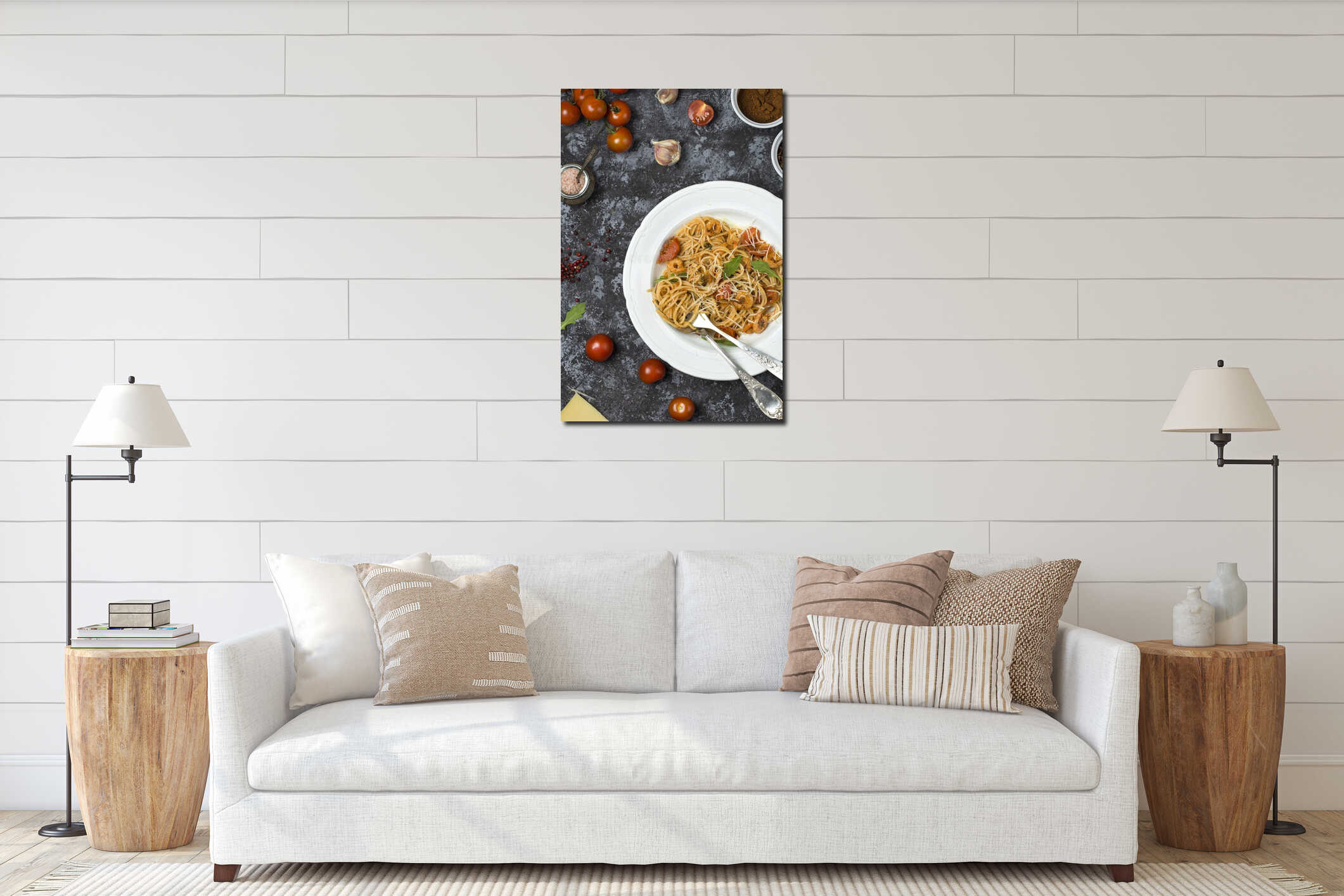Spaghetti with shrimps and tomato sauce interior mockup