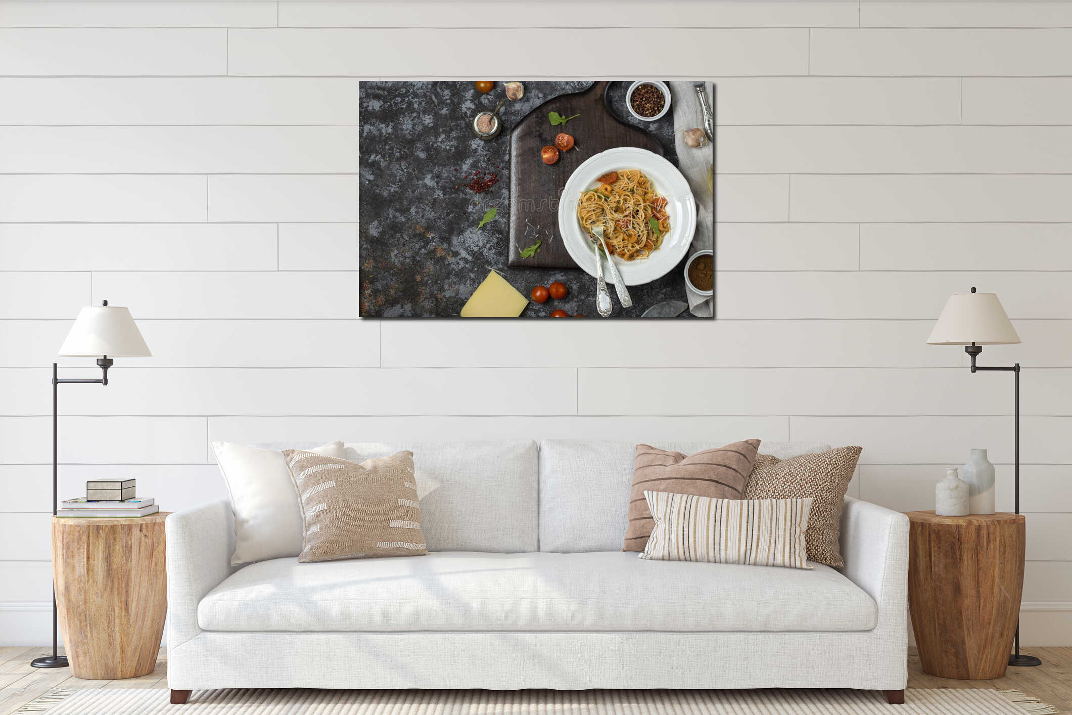 Spaghetti with shrimps and tomato sauce interior mockup