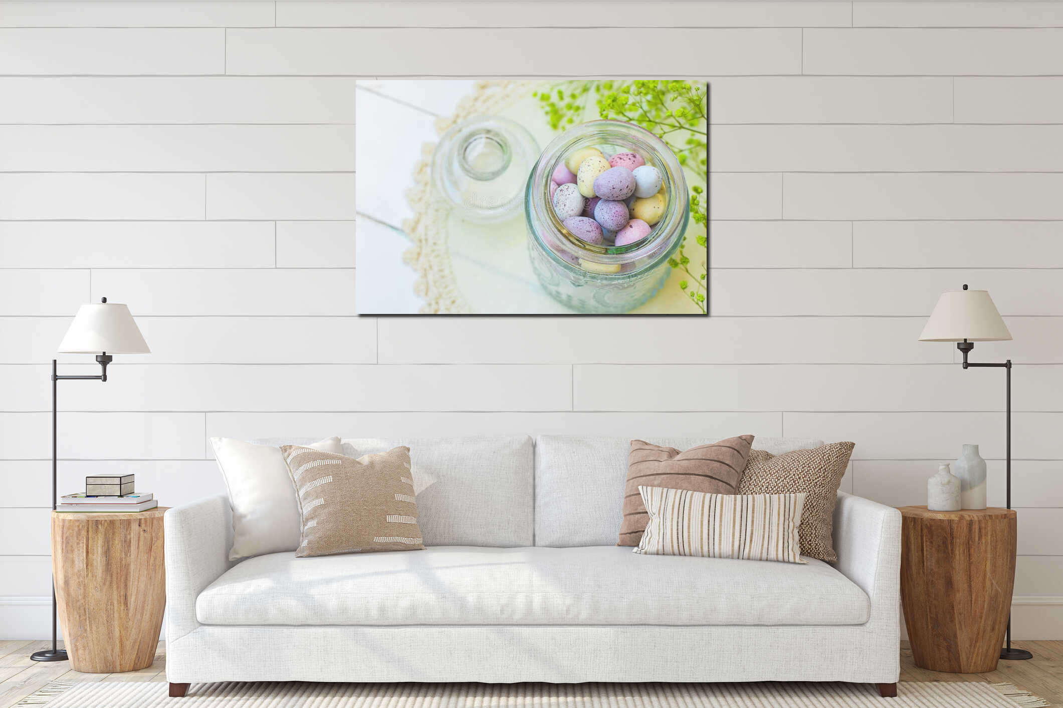 Chocolate Candy Multi-Colored Small Quail Easter Eggs Pastel Colors in Vintage Glass Jar on White Wood Table Yellow Spring Flowers interior mockup