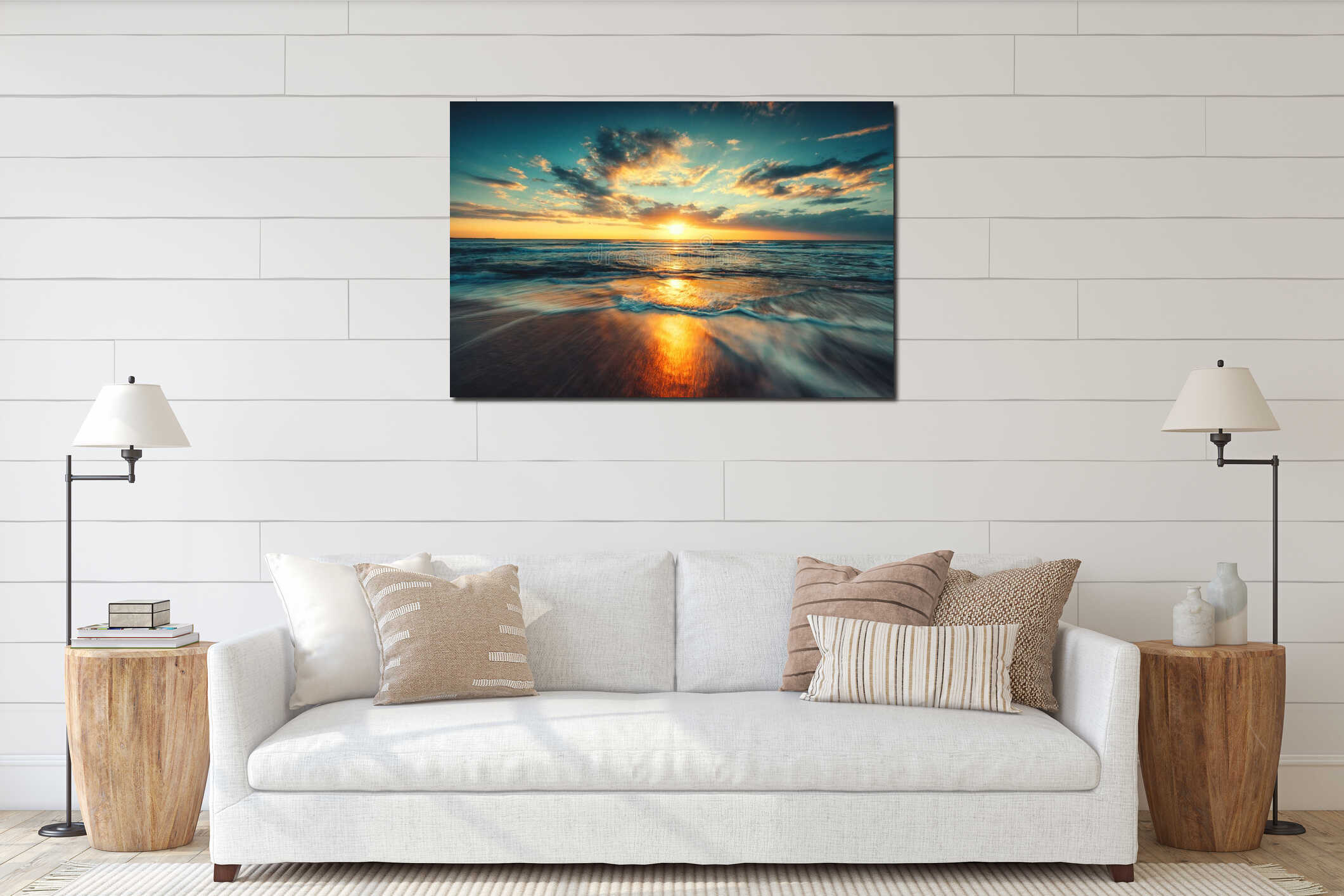 Beautiful sunrise over the sea interior mockup