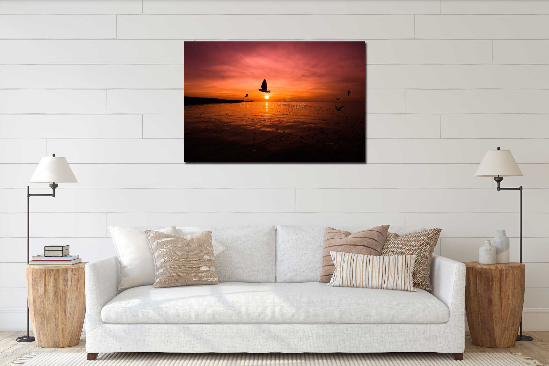 Landscape of sea at sunrise, silhouette to flying birds at sunset interior mockup