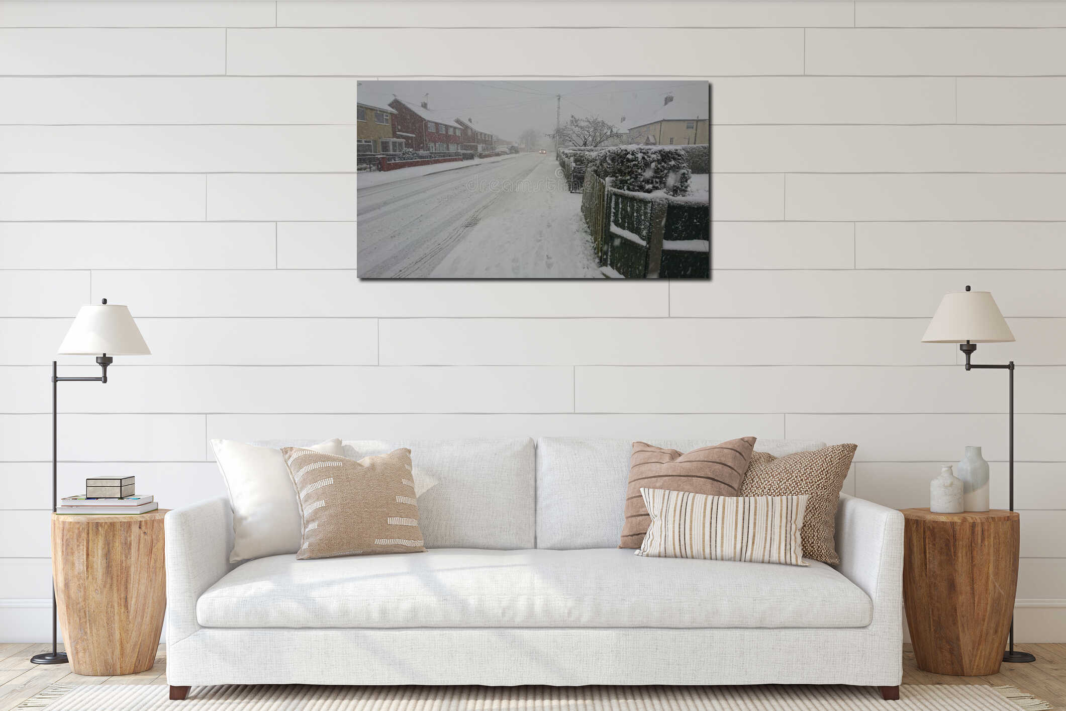 Car coming down a snowy village Street interior mockup