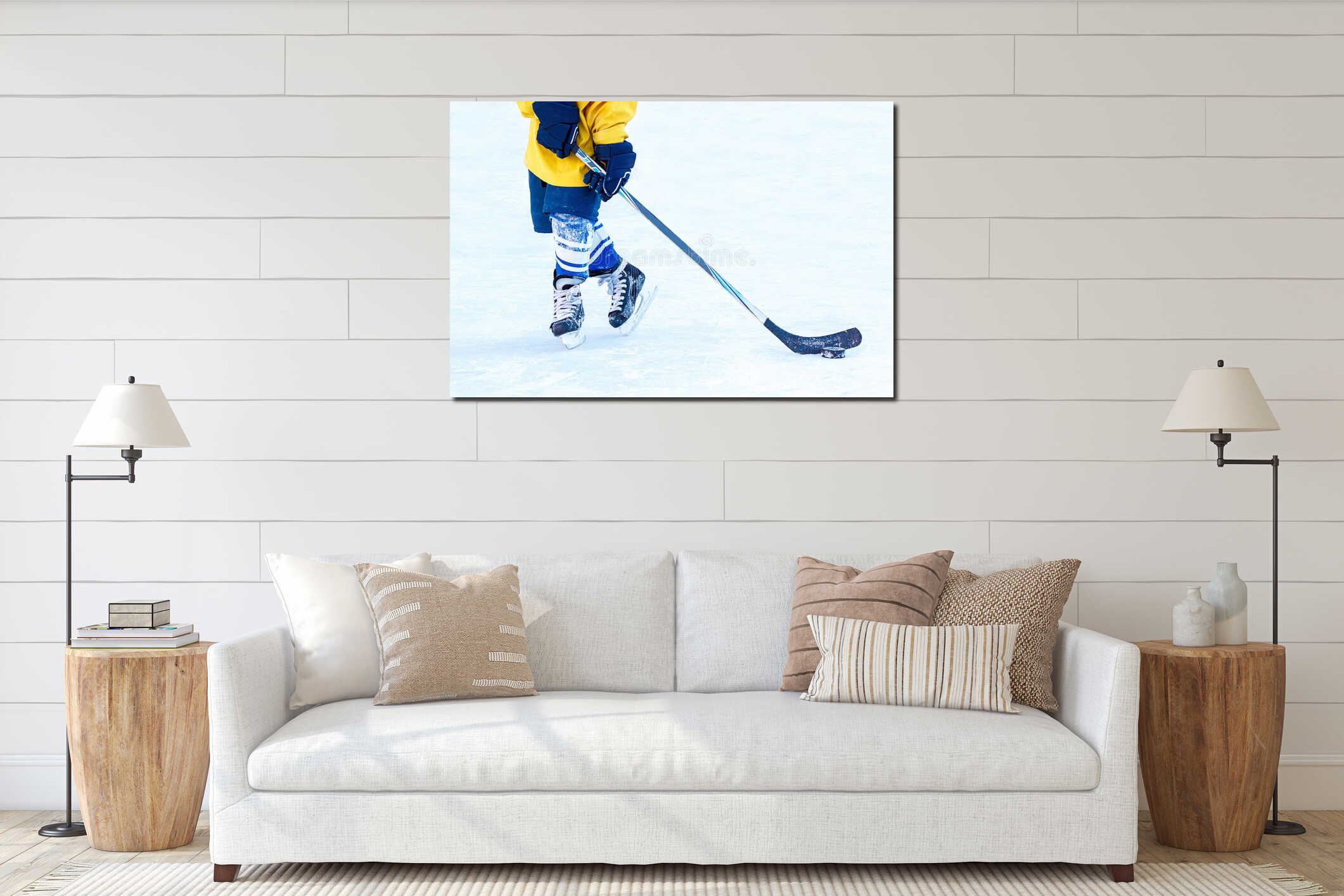 Legs of the hockey player, stick and washer close-up. interior mockup