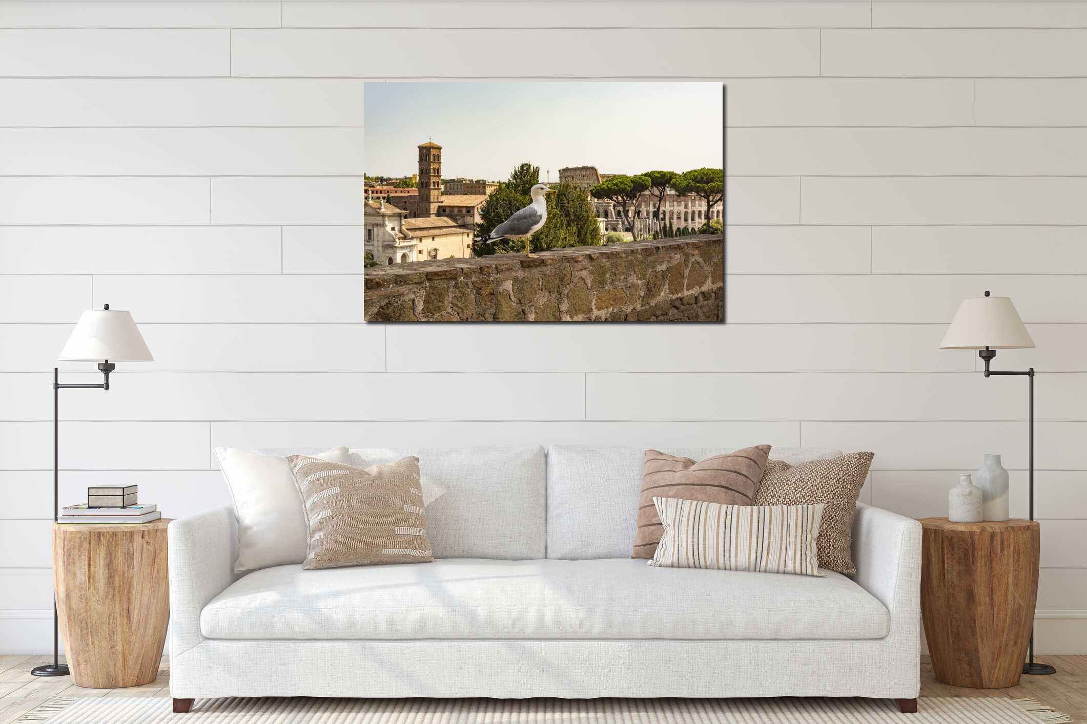 Gull on the outlook with Colosseum. Seagull watching Rome with Colosseum. Bird in the Roman Forum, the historic city center, Roma, interior mockup
