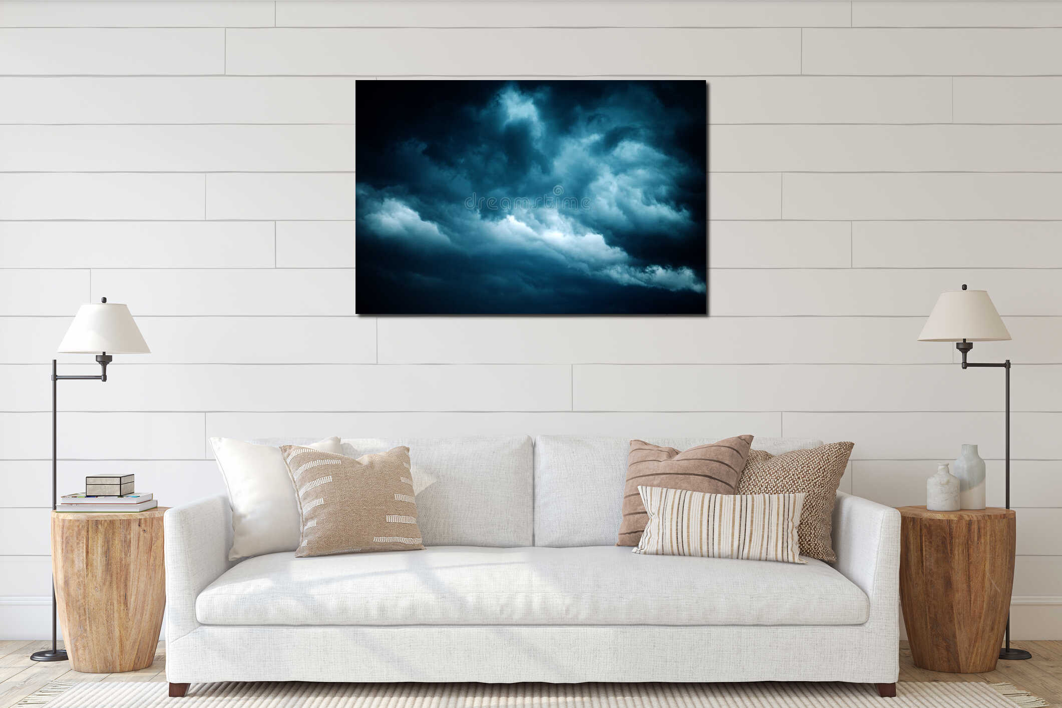 Dramatic stormy sky, dark clouds before rain interior mockup