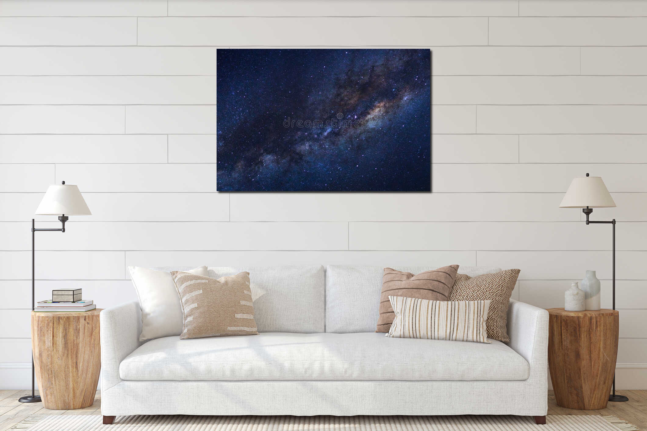 Starry night sky, Milky way galaxy with stars and space dust in interior mockup