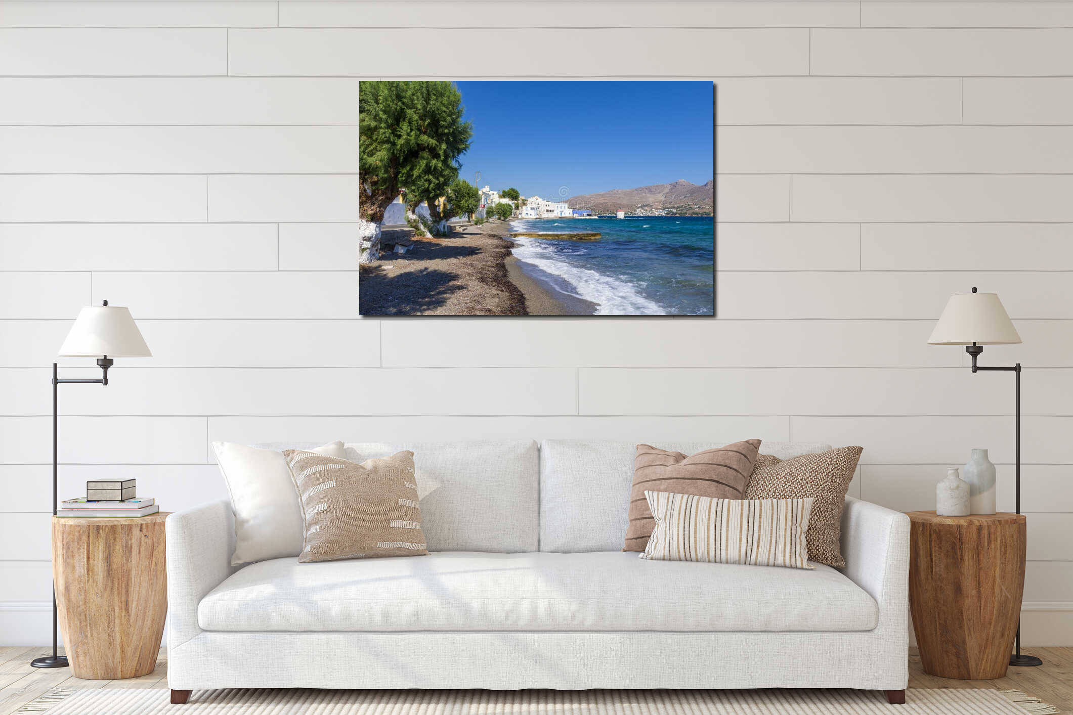 The picturesque seaside Agia Marina village in Leros island, Greece interior mockup