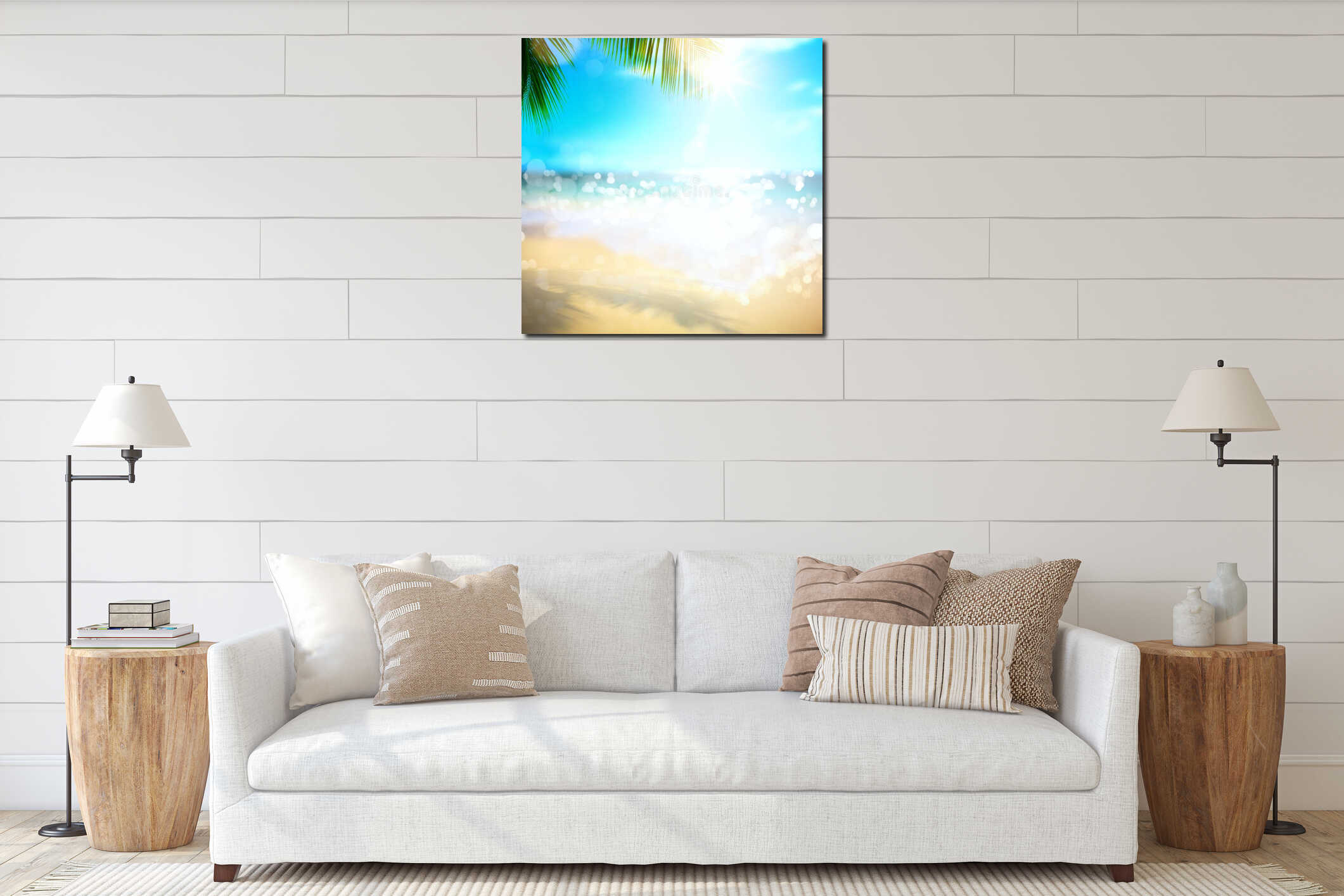 Art sea summer vacation; tropical beach background interior mockup