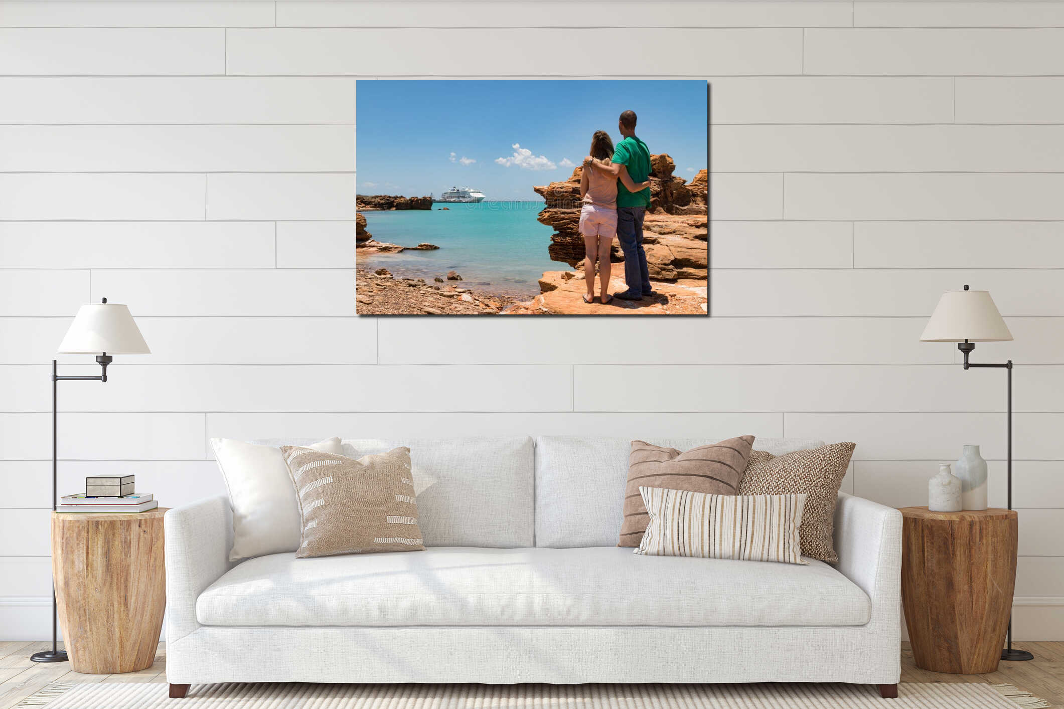 Young couple looking at modern cruise ship tied up to jetty. interior mockup