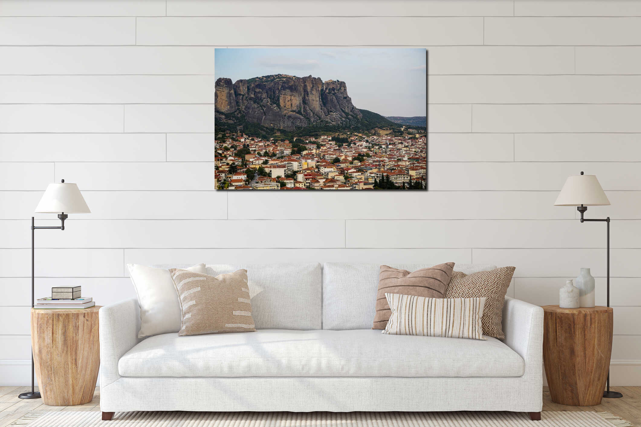 Townscape scenic aerial view of Kalambaka ancient town with beautiful rock formation hill, immense natural boulders pillars interior mockup