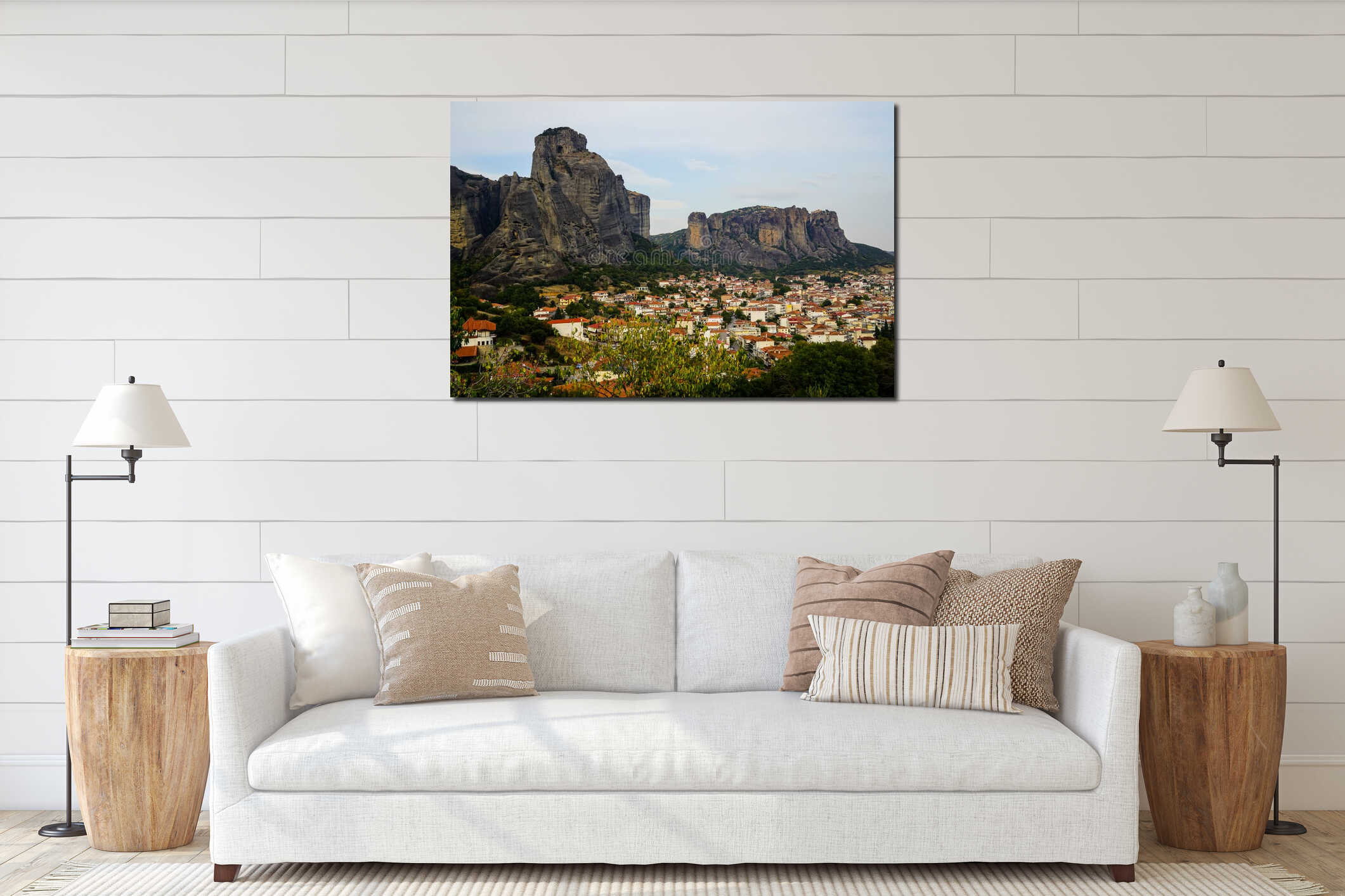 Townscape scenic aerial view of Kalambaka ancient town with beautiful rock formation hill, natural rounded boulders pillars interior mockup