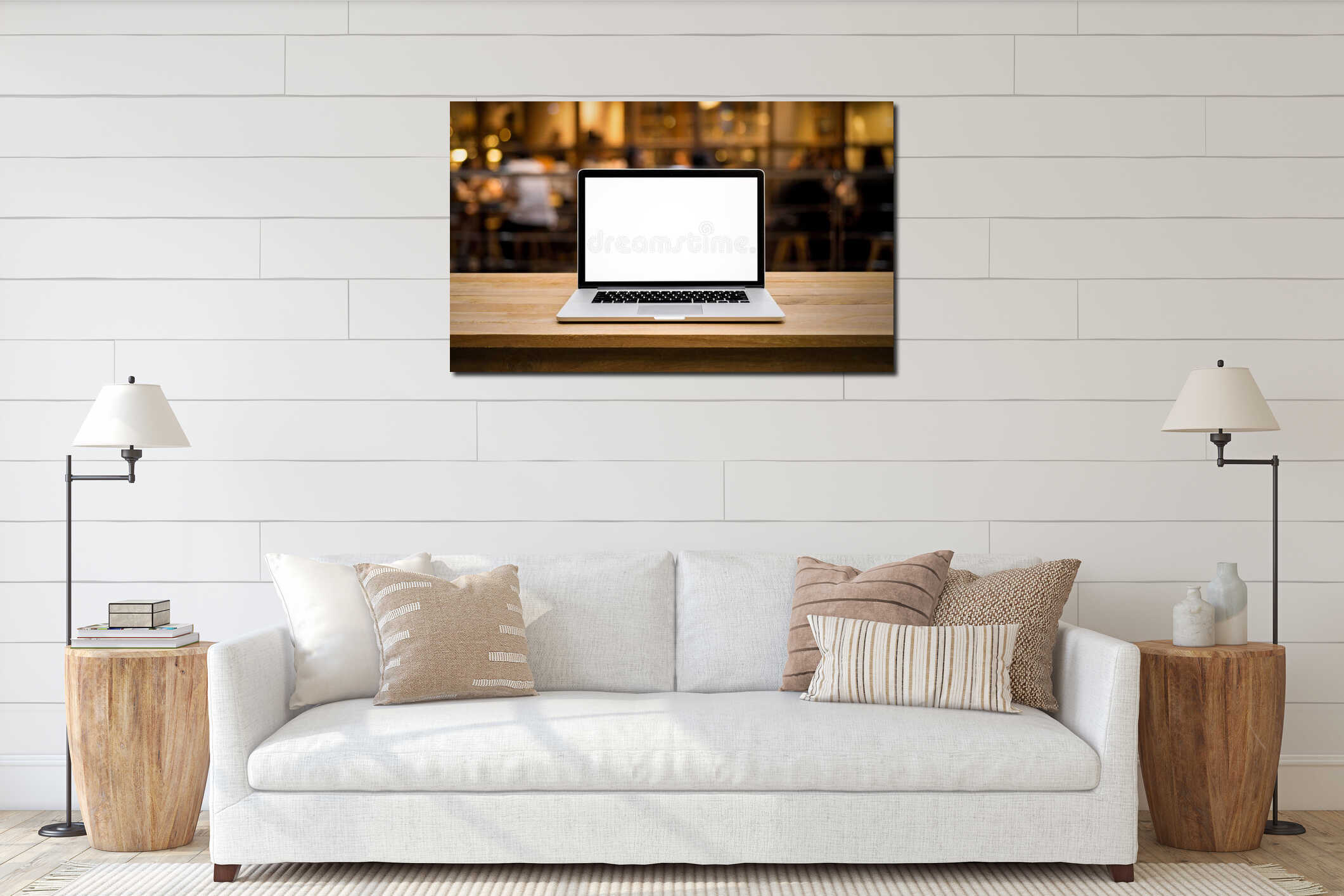 Modern computer,laptop with blank screen on table with blur cafe interior mockup